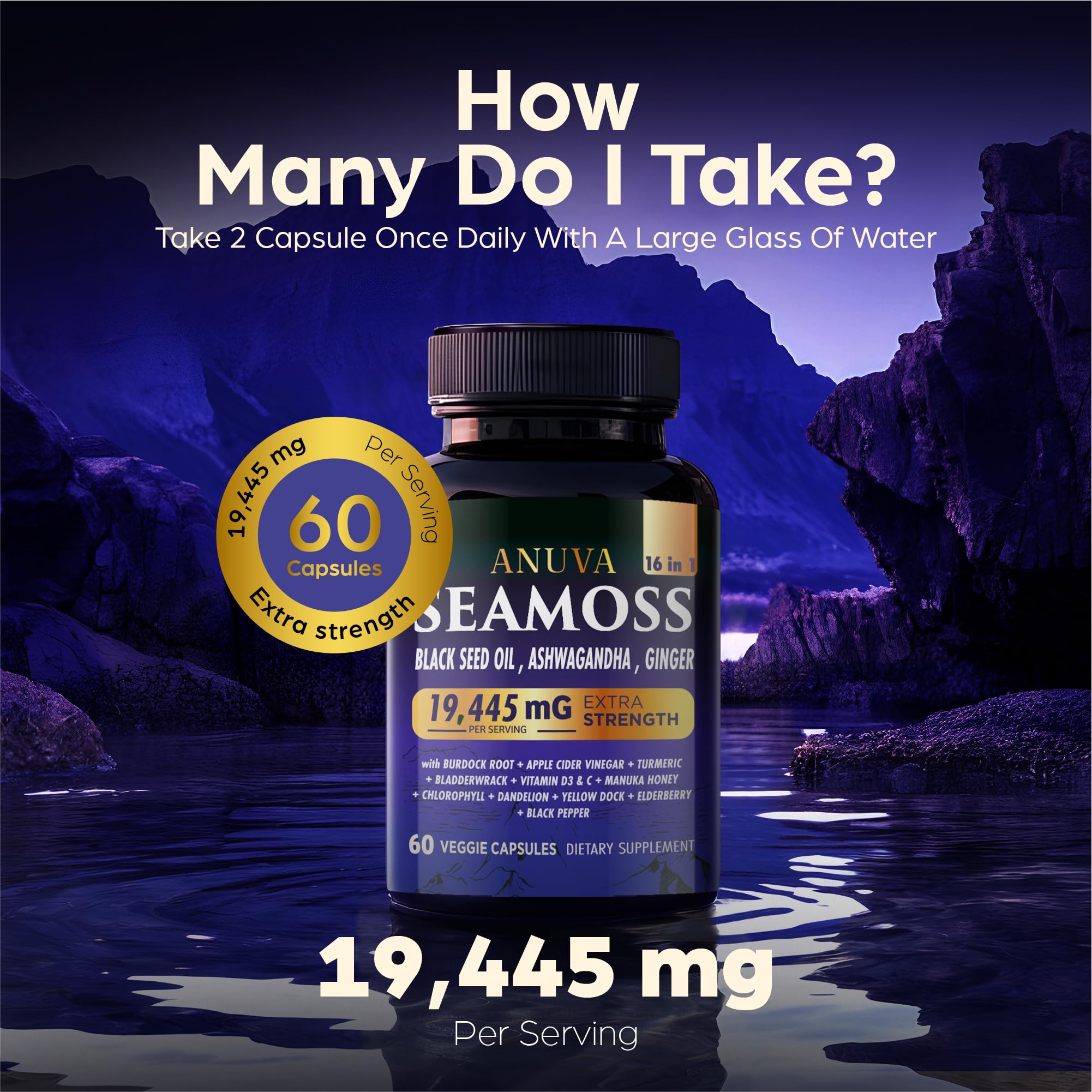 Anuva 16-in-1 Sea Moss Capsules | Black Seed Oil, Ashwagandha, with Vitamin C, D3, Turmeric, Burdock, Bladderwrack & Multi-Minerals | Immune, Skin, Joint & Energy Support | 60 Veggie Capsules Anuva uk supplements
