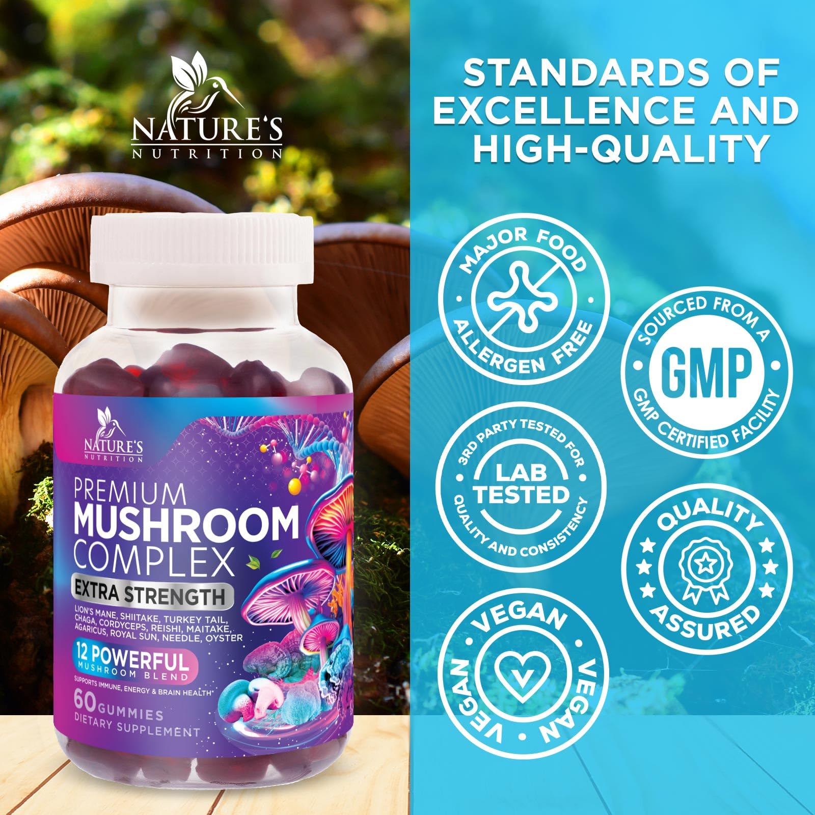 Mushroom Gummies Supplement 12 in 1 - High Grade Blend for Adults with Lions Mane, Reishi, Cordyceps, & Chaga Mushroom Complex Gummy, Memory & Immune Support & Nootropic Brain Supplements - 60 Gummies Nature's Nutrition uk supplements