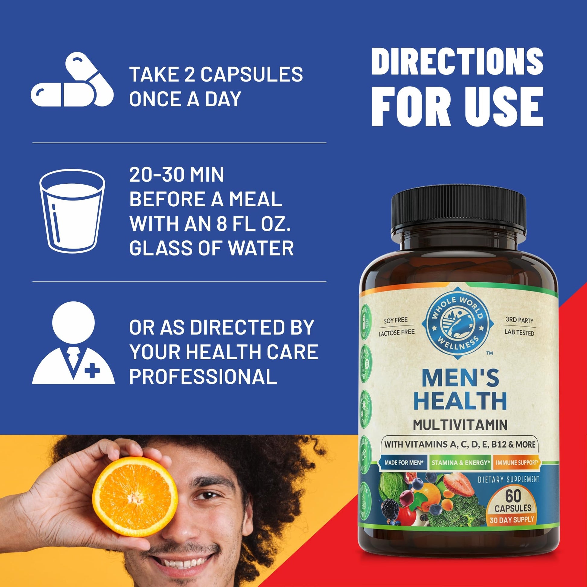 Whole World Wellness Mens Daily Multivitamin Multimineral Supplement for Energy, Focus, Stamina & Performance. Made for Men with 30+ Nutrients, Fruit & Energy Blend. Mens Vitamins, Made in The USA. WHOLE WORLD WELLNESS uk supplements