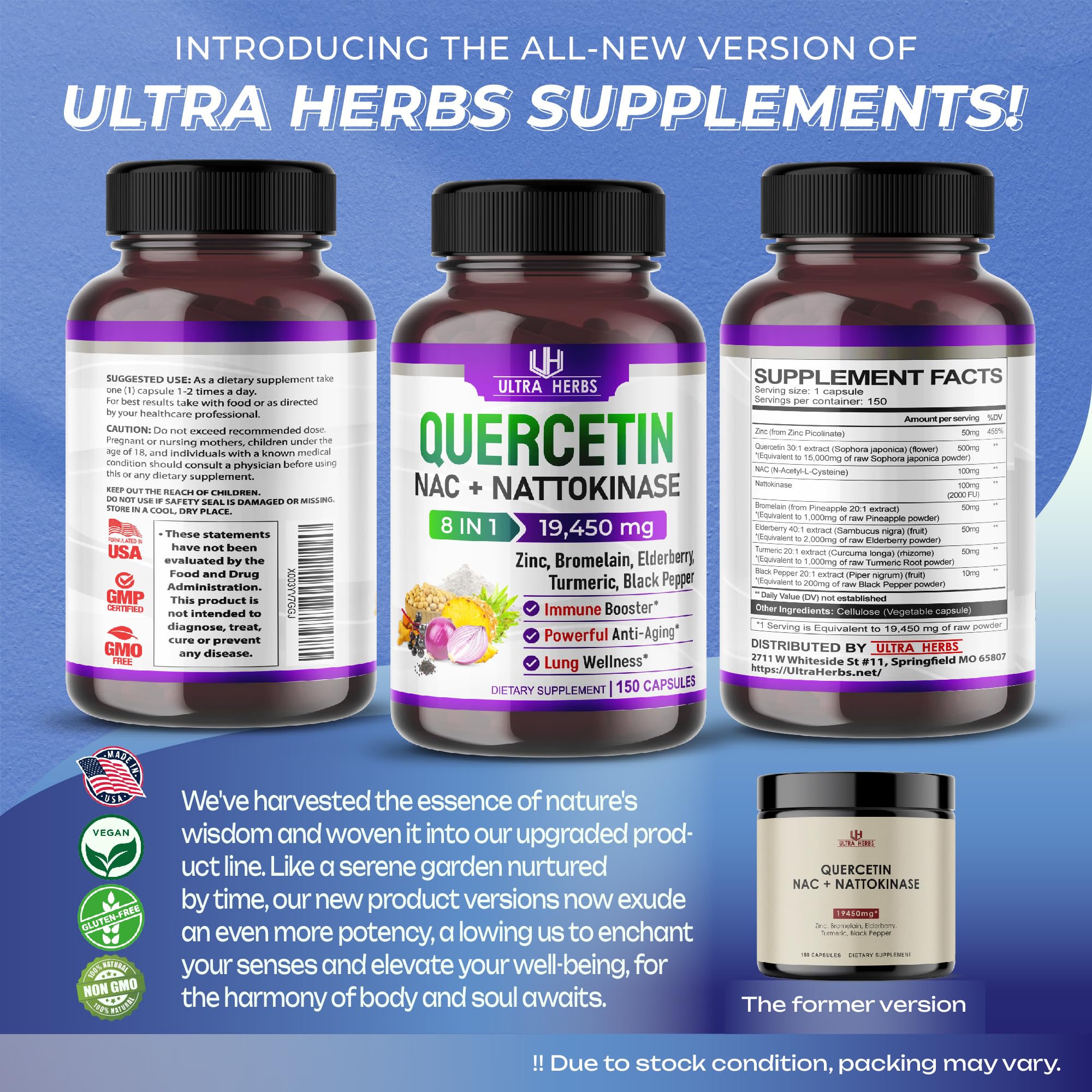 Quercetin 19,450mg 8 IN 1 with NAC, Nattokinase, Zinc, Bromelain, Elderberry, Turmeric ULTRA HERBS uk supplements