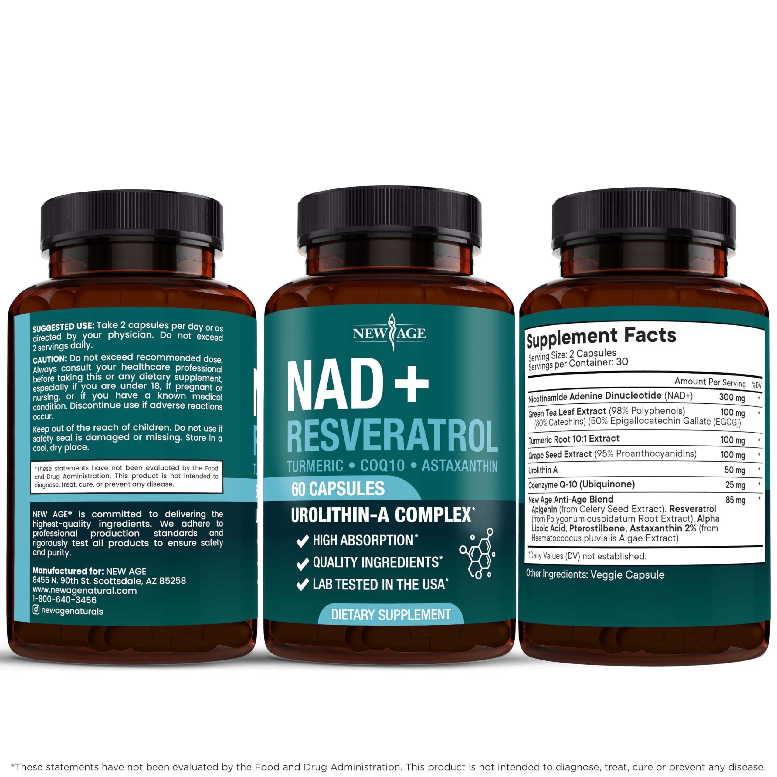 NEW AGE NAD+ Supplement Complex – NAD+ 300 mg with Astaxanthin, Urolithin A, Resveratrol, CoQ10 & Antioxidant Blend – Cellular Energy, Support or Women & Men – Vegan, Non-GMO- 120 Count NEW AGE uk supplements