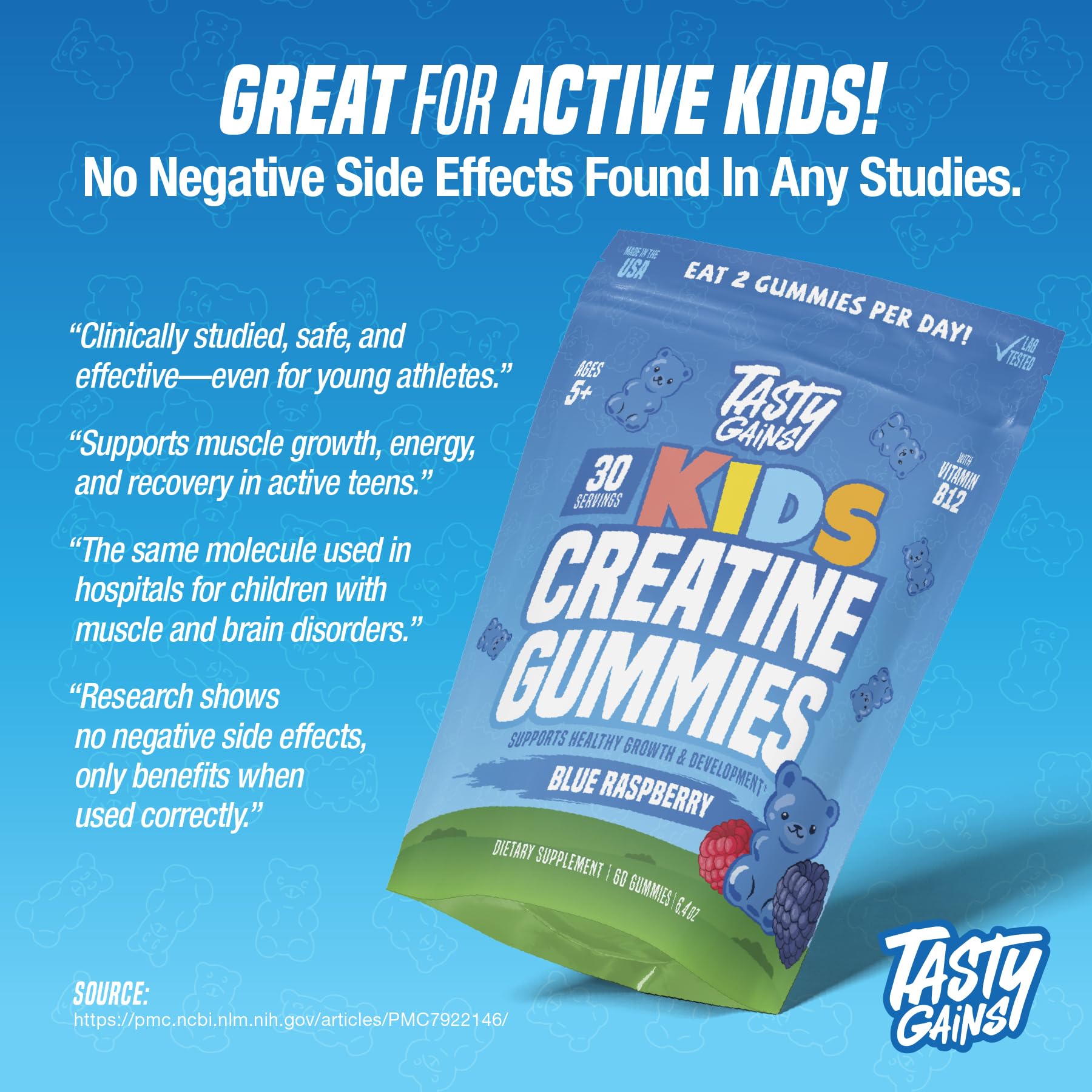 TASTY GAINS Kids & Teen Creatine Gummies with Vitamin B12 for Growth Support, Easy Chew Daily Supplement, Gummy Vitamins for Kids and Teens, Ages 5+ TASTY GAINS uk supplements