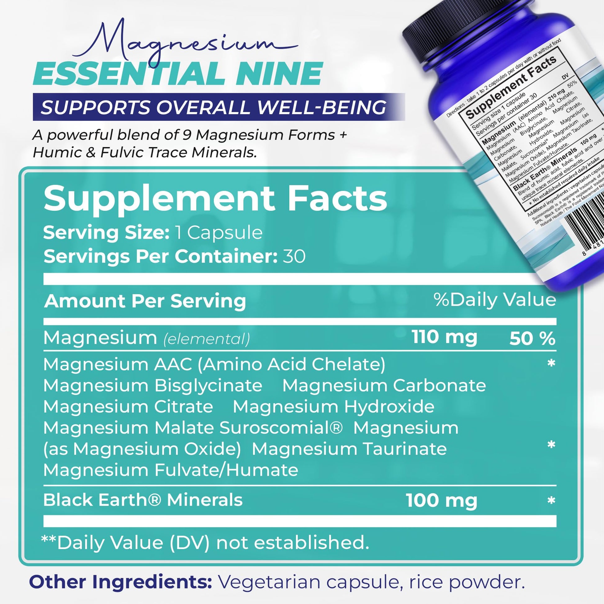 The Food Movement Co. Black Earth Magnesium Essential Nine - Vegan Capsules with Magnesium Glycinate, Citrate, Malate and More - 9 Bioactive Forms for Optimal Health (30 Count) THE FOOD MOVEMENT CO. uk supplements