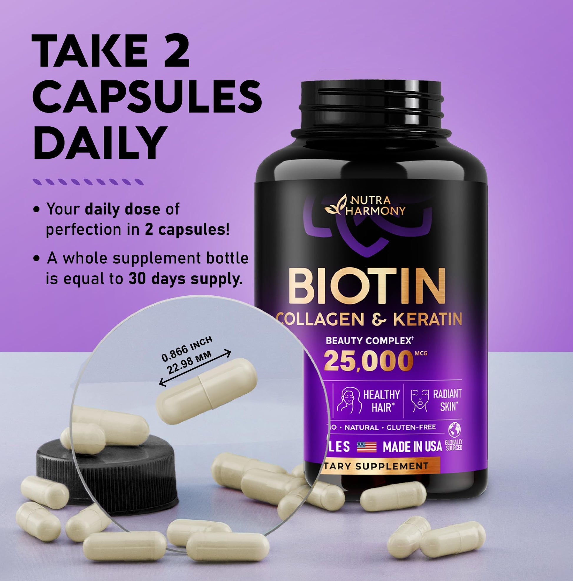 Biotin | Collagen | Keratin | Hyaluronic Acid - Hair Growth Support Pills, 25000 mcg NUTRAHARMONY uk supplements