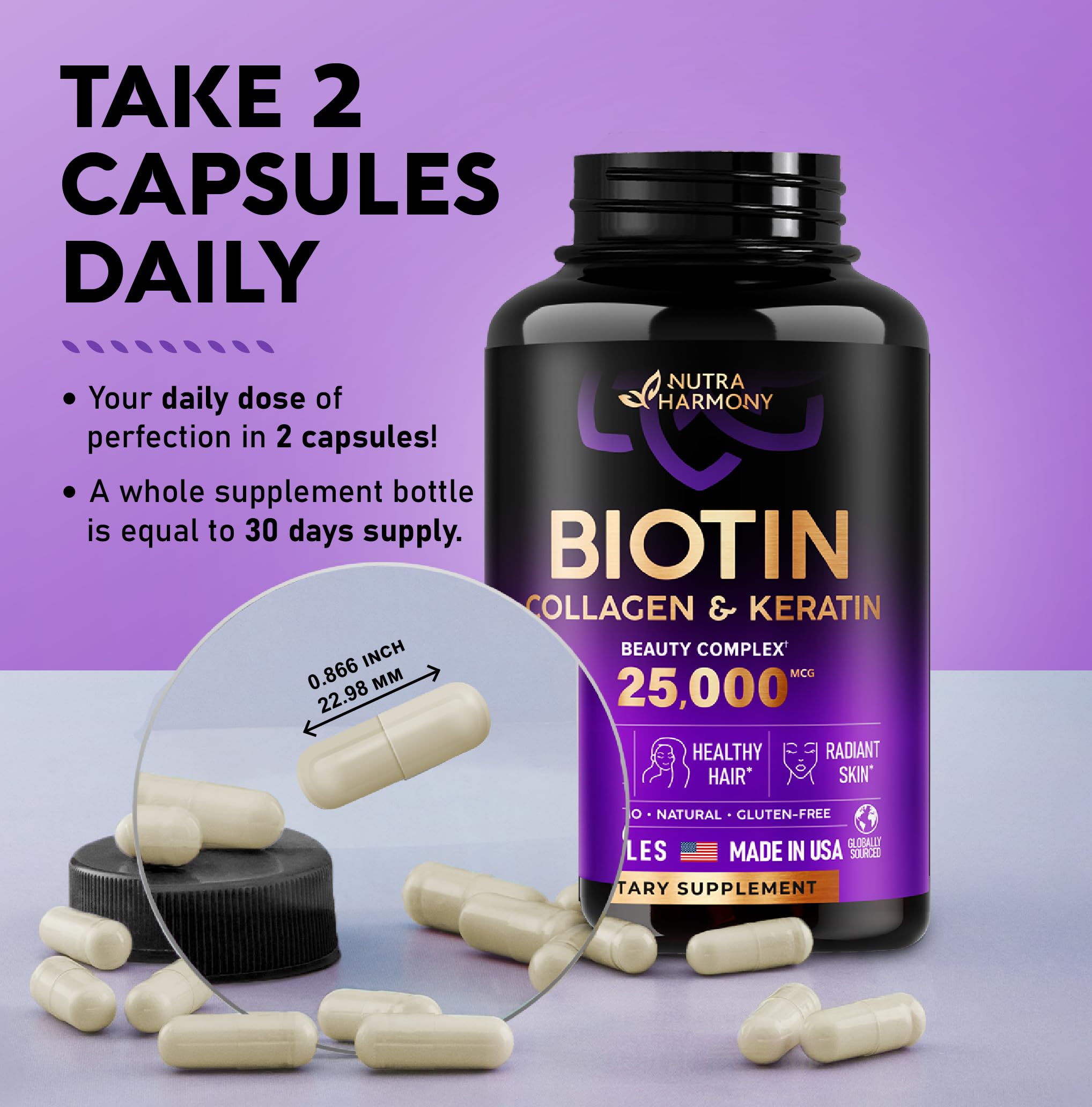 Biotin | Collagen | Keratin | Hyaluronic Acid - Hair Growth Support Pills, 25000 mcg NUTRAHARMONY uk supplements