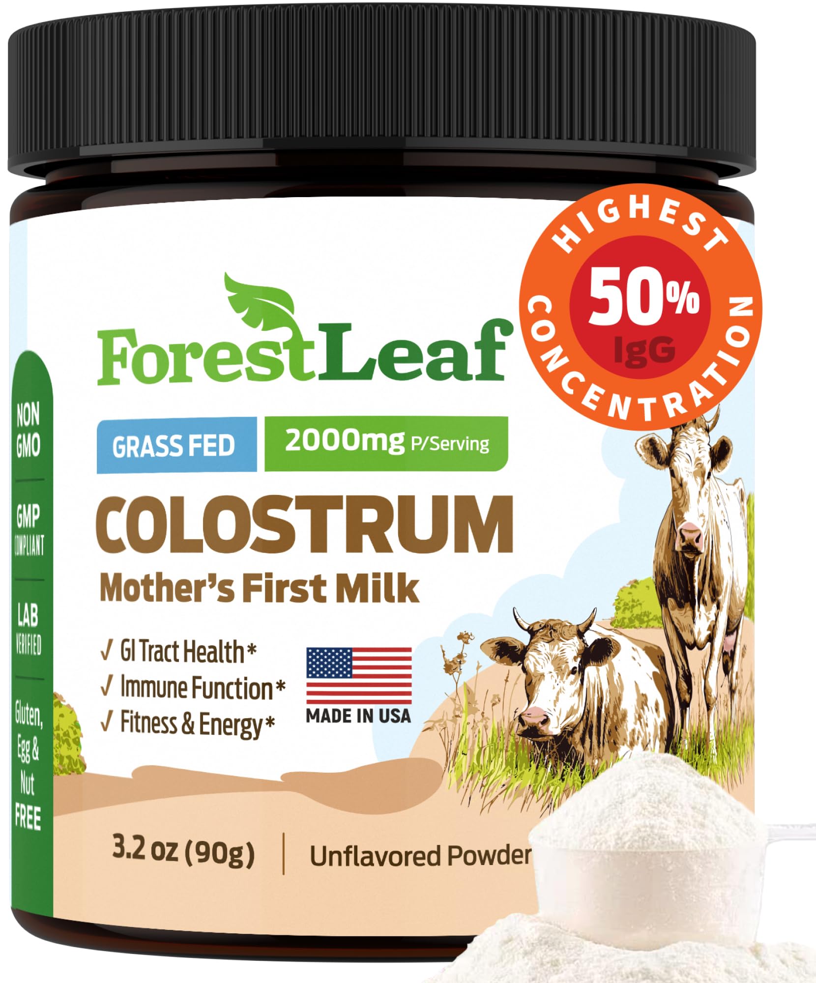 ForestLeaf Colostrum Powder 50% IgG Highest Pure Concentration, Grass Fed Colostrum Supplement for Gut Health, Immune Support and Muscle Recovery, Bovine Colostrum for Humans, Unflavored, 45 Servings ForestLeaf uk supplements