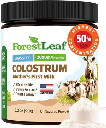 ForestLeaf Colostrum Powder 50% IgG Highest Pure Concentration, Grass Fed Colostrum Supplement for Gut Health, Immune Support and Muscle Recovery, Bovine Colostrum for Humans, Unflavored, 45 Servings ForestLeaf uk supplements