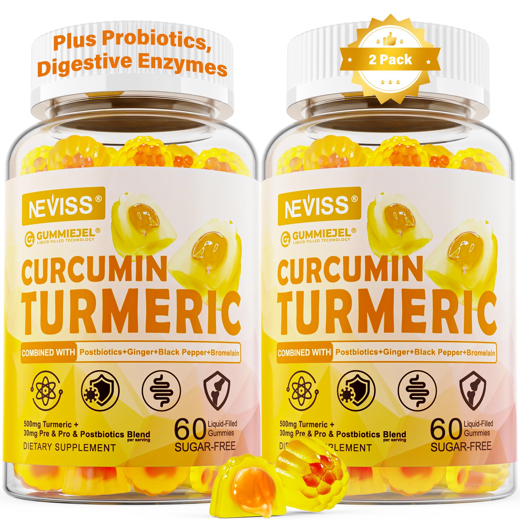 Sugar Free Turmeric Curcumin Filled Gummies 550mg for Adults, Ginger & Black Pepper | 95% Curcuminoids w/Prebiotic Probiotic & Postbiotic Blend, Support, Immune & Digestive Health, Vegan, 2Pack NEVISS uk supplements