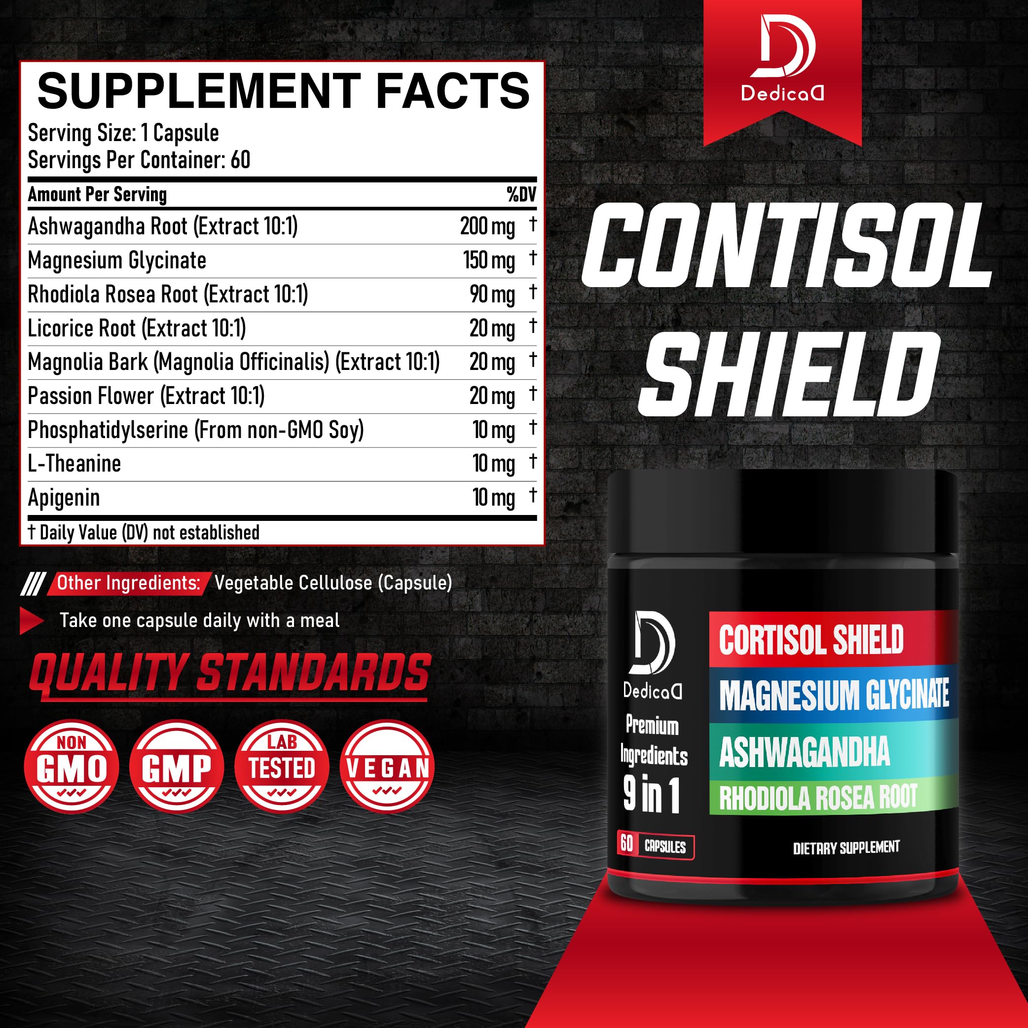 DEDICAD 9in1 Cortisol Shield - Magnesium Glycinate & Ashwagandha with Rhodiola, Phosphatidylserine, Passion Flower, L-Theanine, Apigenin, Licorice, Magnolia - Rest Well & Mood Balance - 60 Count DEDICAD uk supplements