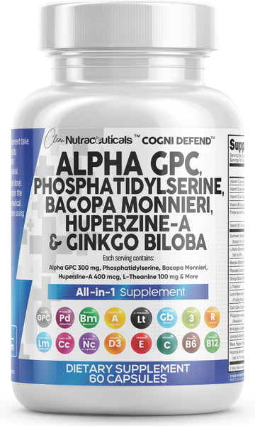 Brain Supplement Alpha GPC 300mg Phosphatidylserine Bacopa Monnieri Ginkgo Biloba Lions Mane Huperzine A L-Theanine NAC Nootropic Memory Focus Cognitive Support Vitamins B C D E 60 Capsules USA Clean Nutraceuticals uk supplements