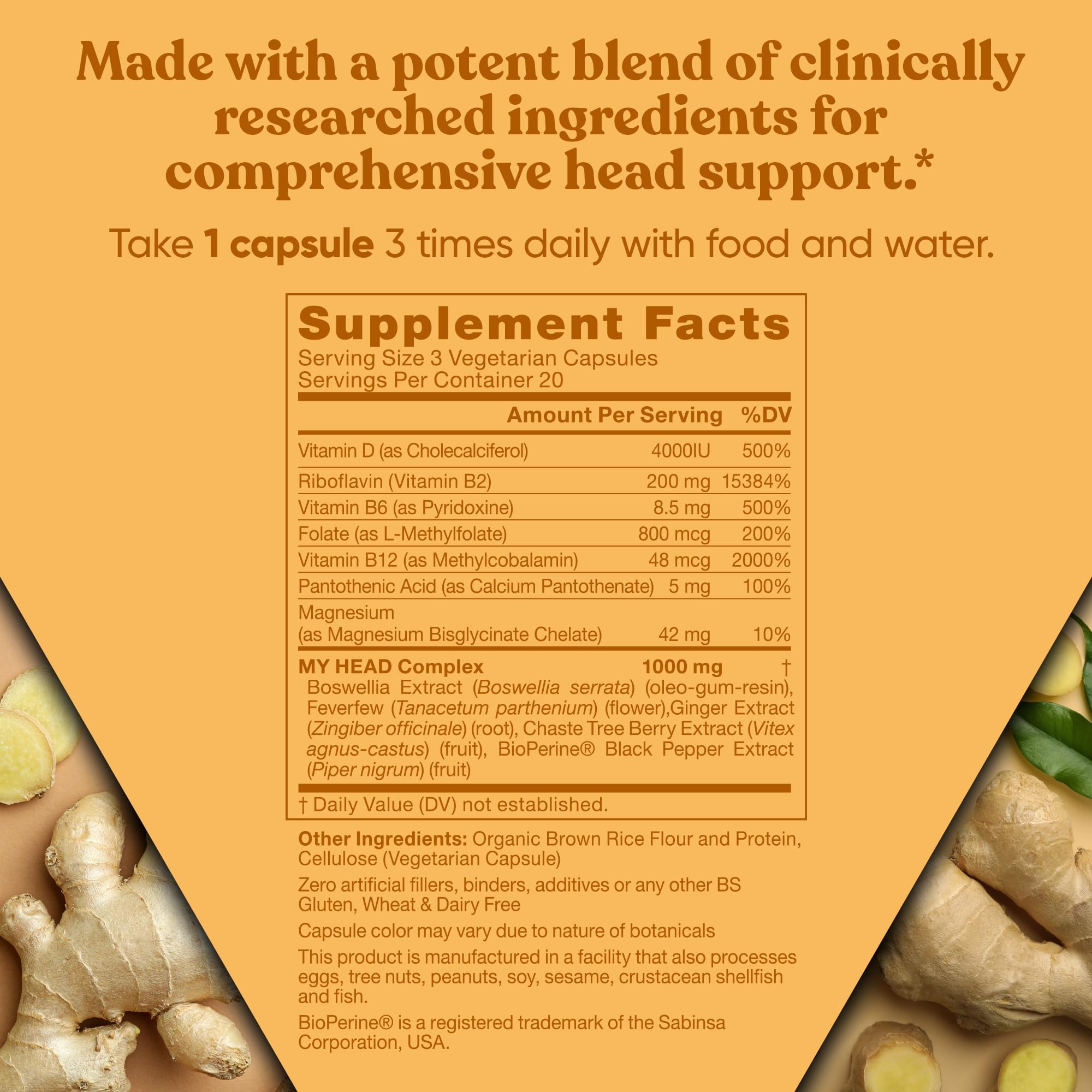 My Head! Headache Vitamins – Sensitivity, Tension, Comfort, Healthy Head Function for A Clear Mind – Fast acting Magnesium, Feverfew, Boswellia, Vitamin D, Ginger, & More – 60 Soft Capsules Eu Natural uk supplements