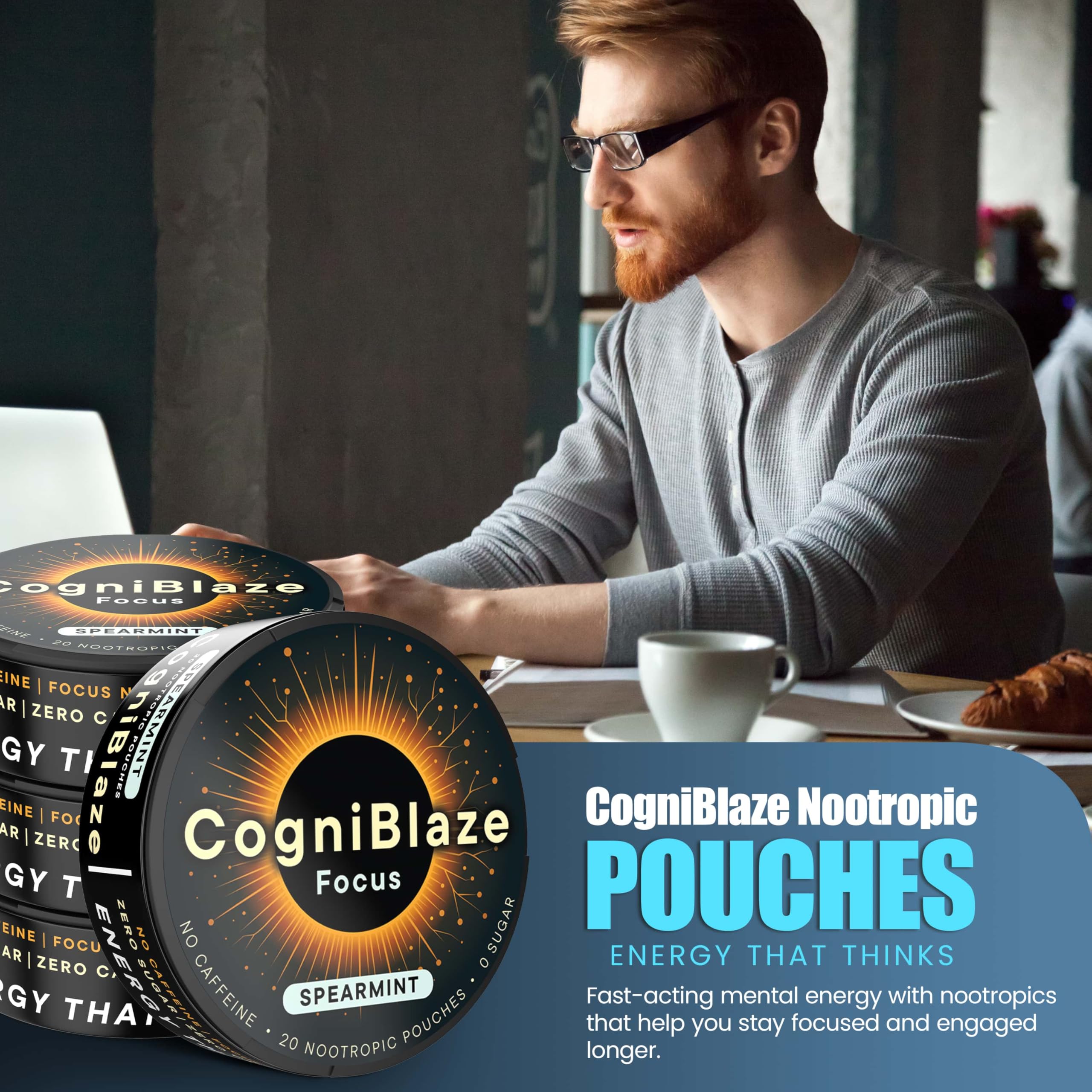 CogniBlaze Nootropic Pouches Caffeine Free (Spearmint) | 80 Focus Pouches for Clarity | 4 Pack (20 Per Can) | Mental Energy Pouches | 25mcg Huperzine A per Nootropic Pouch | Zero Calories CogniBlaze uk supplements