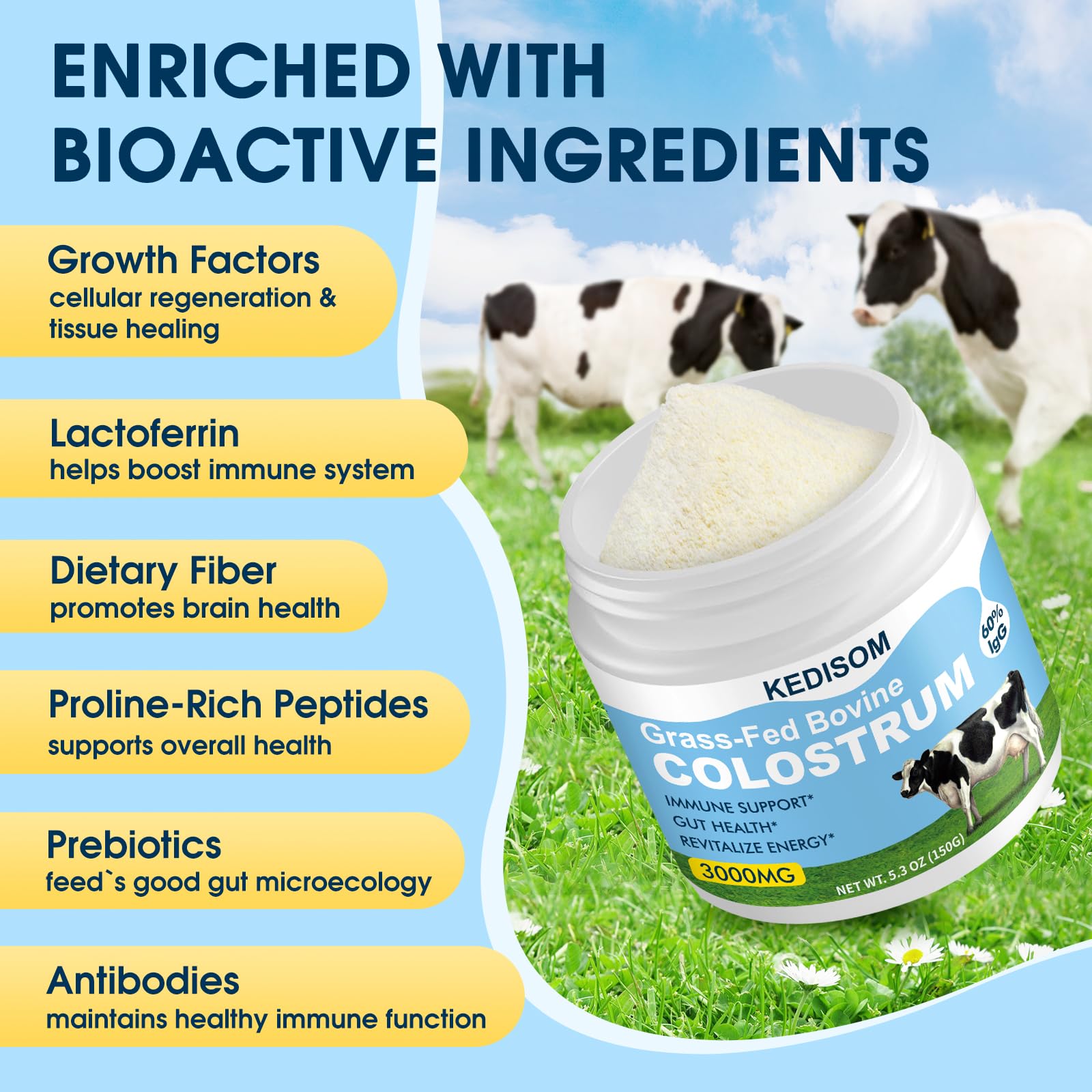 KEDISOM Grass-Fed Bovine Colostrum Supplement Powder - 60% High IgG 3000 mg for Gut Health, Immune Support - Easy to Mix Natural Liposomal Colostrum Superfood, Unflavored, 50 Servings KEDISOM uk supplements