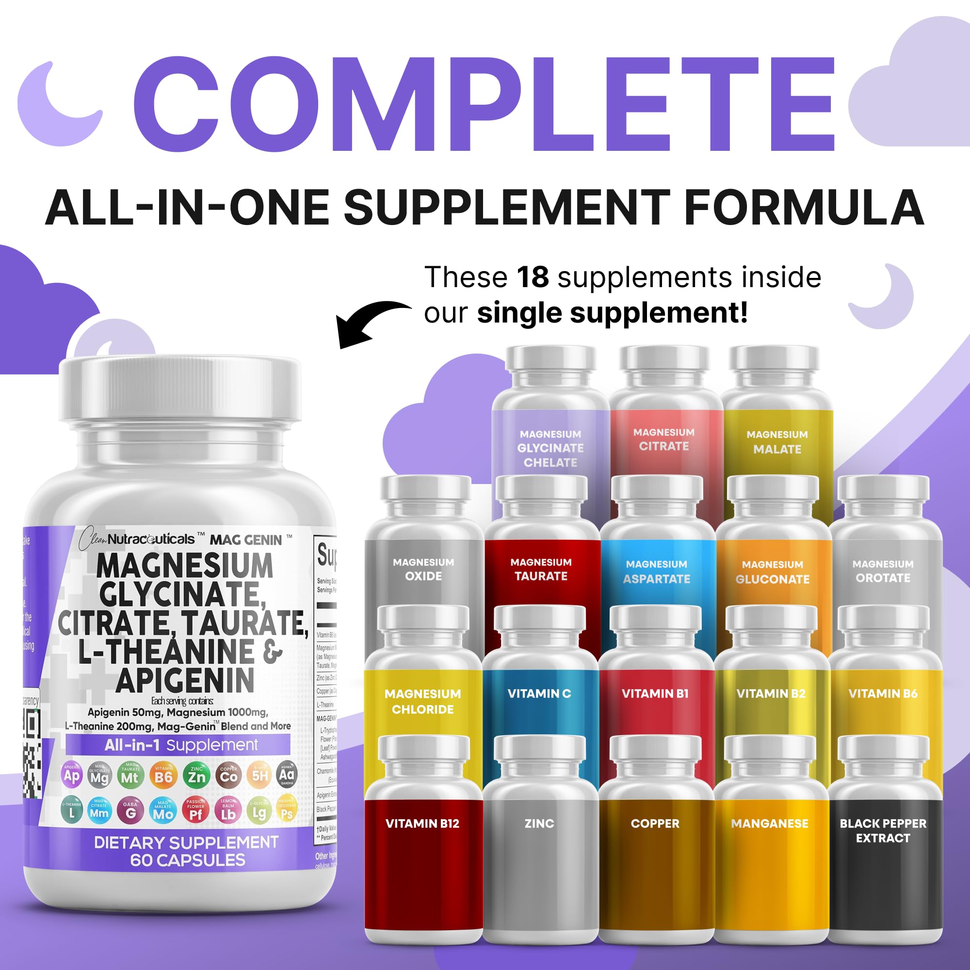 Clean Nutraceuticals Magnesium Glycinate Complex 1000mg with L-Theanine 200mg Apigenin 50mg Citrate Taurate Supplement - 5-HTP GABA Passion Flower Lemon Balm L-Glycine Phosphatidylserine - 60 Count Clean Nutraceuticals uk supplements