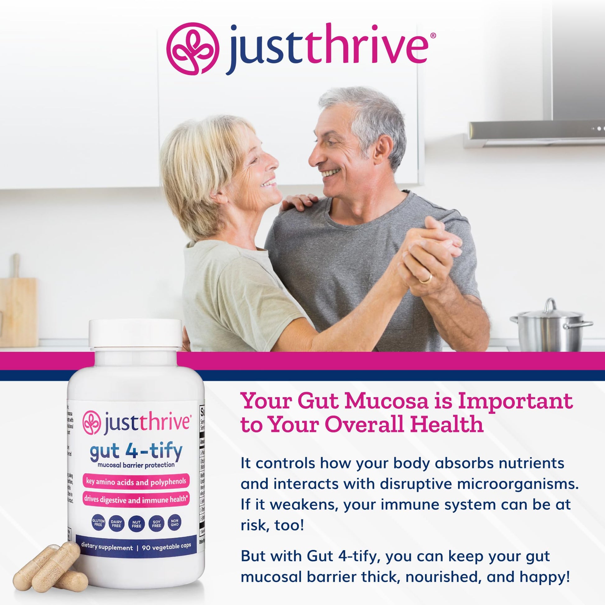 Just Thrive Gut 4-tify - Gut Health Supplements for Women and Men - Anti Bloat, 90 Vegetable Capsules Just Thrive uk supplements