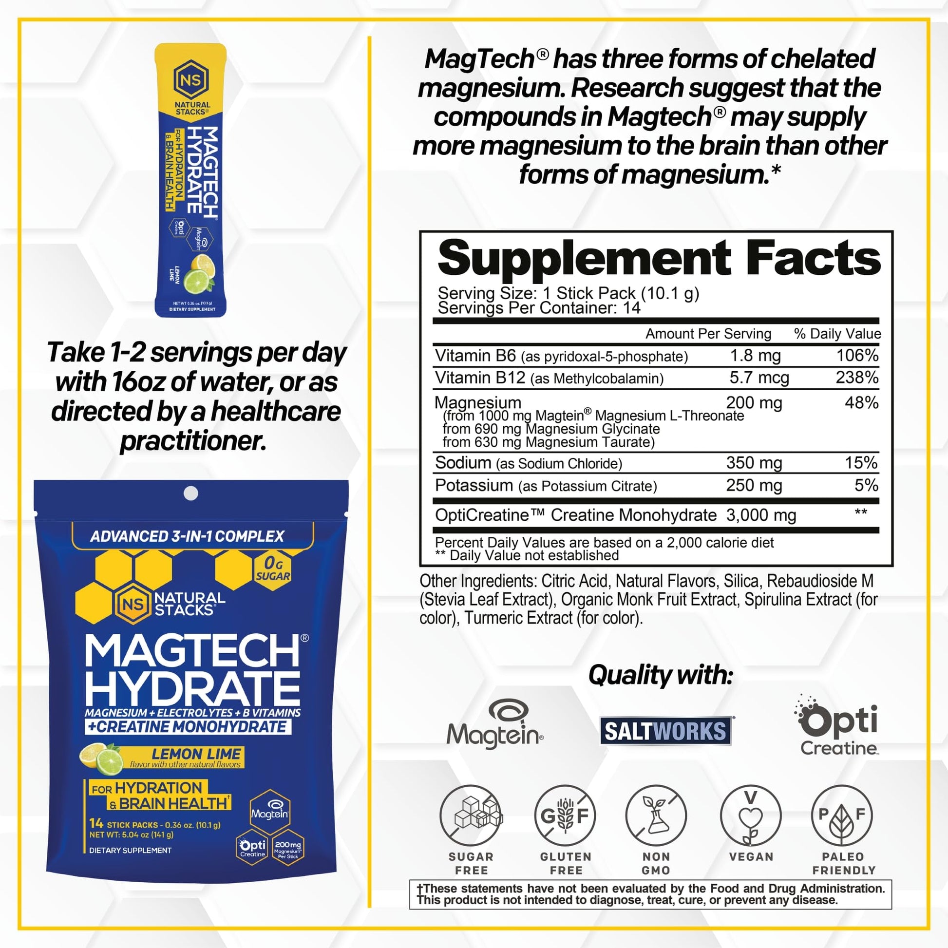 NATURAL STACKS Magtech Magnesium Hydrate + Creatine - Sugar Free Electrolyte Drink - Magtein Magnesium L-Threonate, Glycinate & Taurate - Supports Hydration & Cellular Energy - 14 Hydration Packets NATURAL STACKS uk supplements