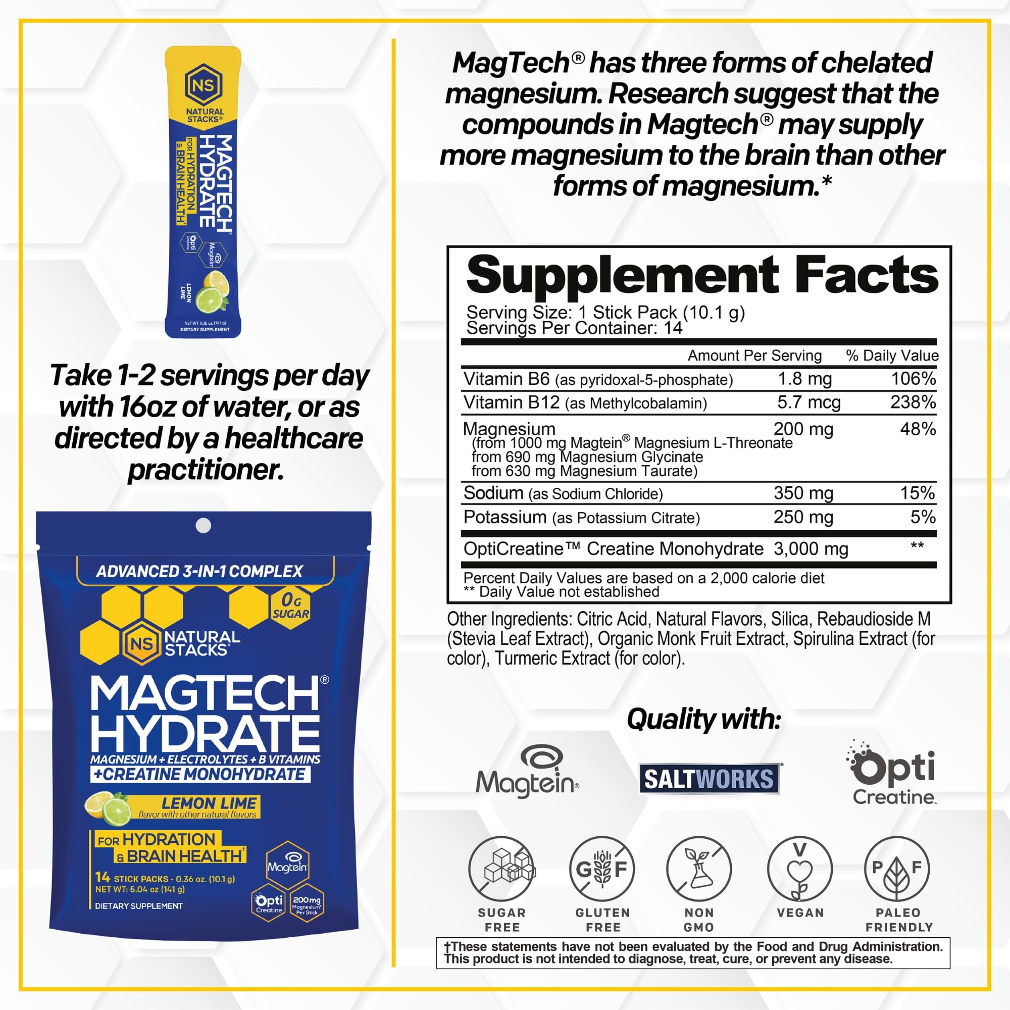 NATURAL STACKS Magtech Magnesium Hydrate + Creatine - Sugar Free Electrolyte Drink - Magtein Magnesium L-Threonate, Glycinate & Taurate - Supports Hydration & Cellular Energy - 14 Hydration Packets NATURAL STACKS uk supplements
