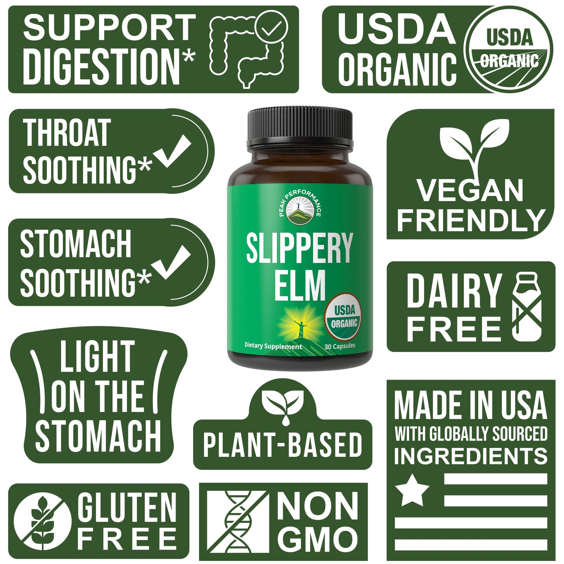 USDA Organic Slippery Elm for Women & Men. Vegan Capsules with Micronized Slippery Elm Bark Powder for Digestion, Bloating Relief, & Gut Lining. Natural Mucilage That Soothes The Throat & Airways Peak Performance uk supplements