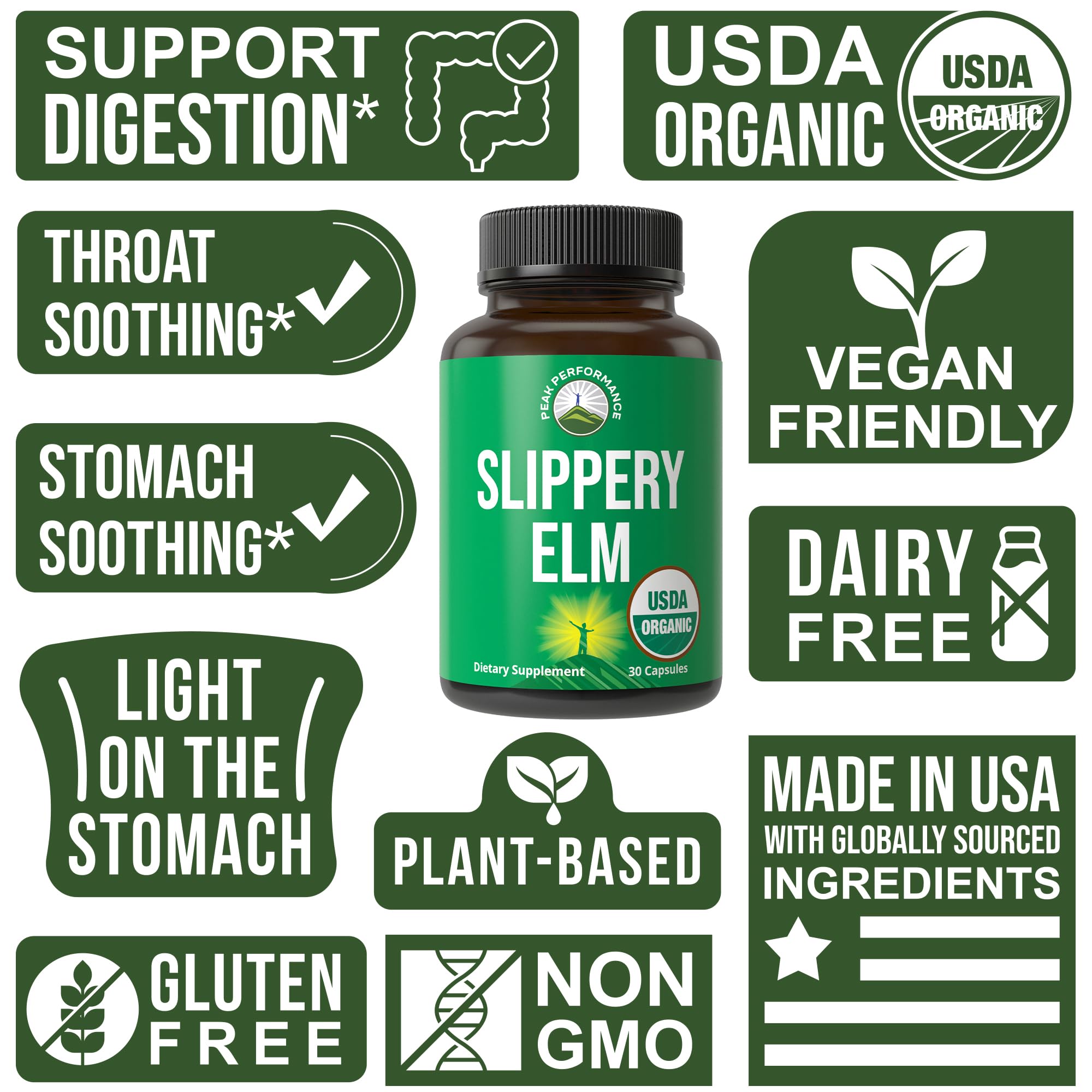 USDA Organic Slippery Elm for Women & Men. Vegan Capsules with Micronized Slippery Elm Bark Powder for Digestion, Bloating Relief, & Gut Lining. Natural Mucilage That Soothes The Throat & Airways Peak Performance uk supplements