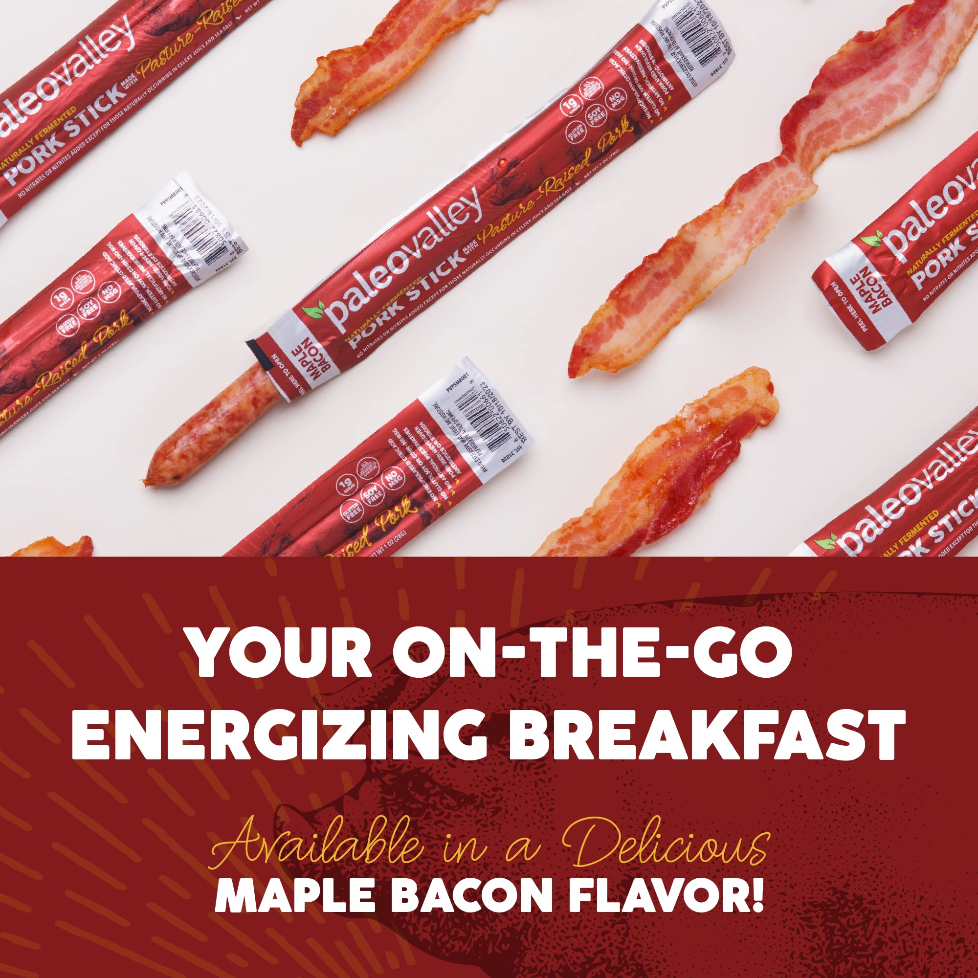 Paleovalley Pasture-Raised Pork Sticks - Maple Bacon Flavor Meat Sticks Individually Wrapped, 28g - 10 Sticks - Gluten-Free Protein Snack Paleovalley uk supplements