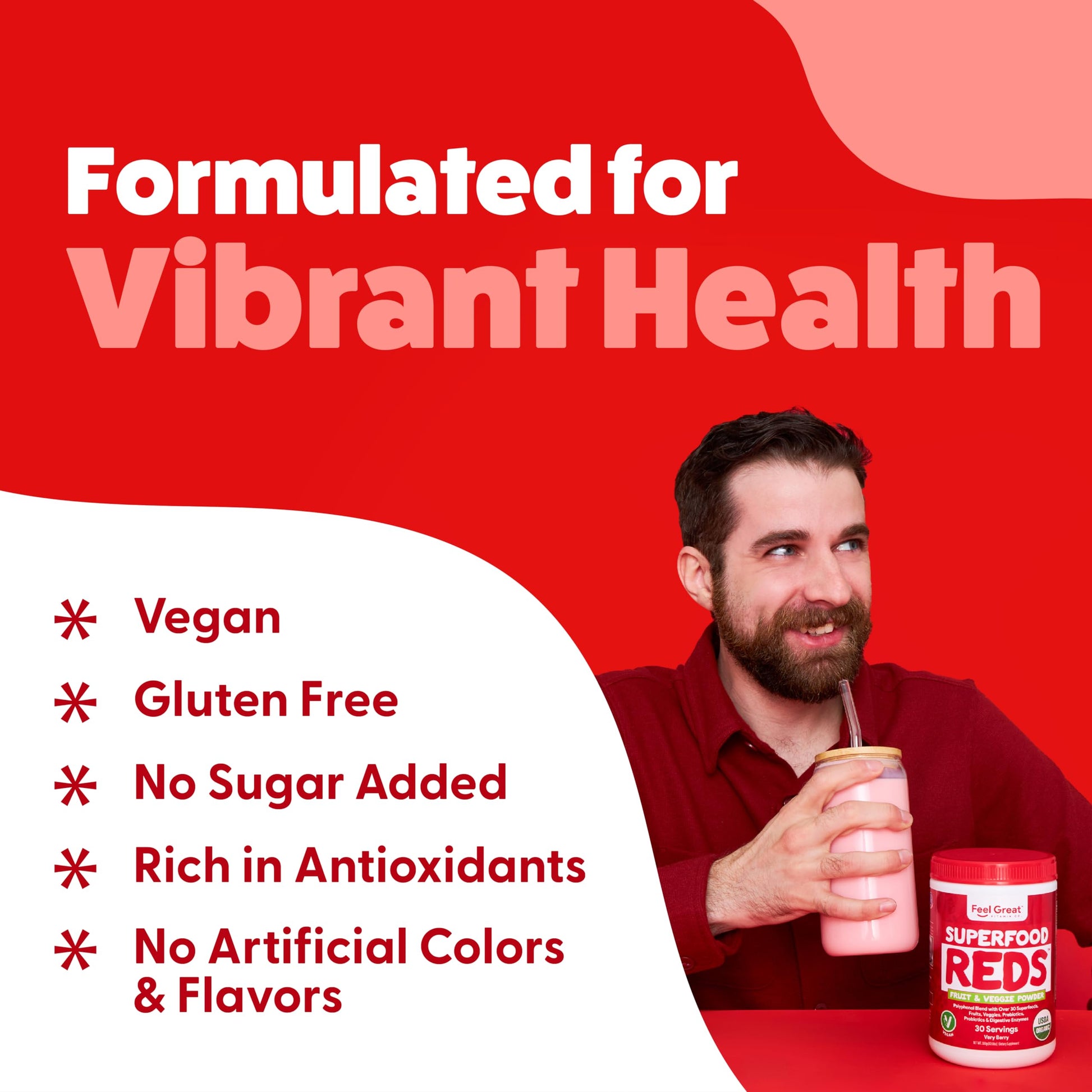Feel Great Organic Superfood Reds Powder Packed with Beet Root Powder | Digestive Support Including Bloating Relief | Fruit and Veggie Polyphenols Supplement. The Feel Great Vitamin Company uk supplements