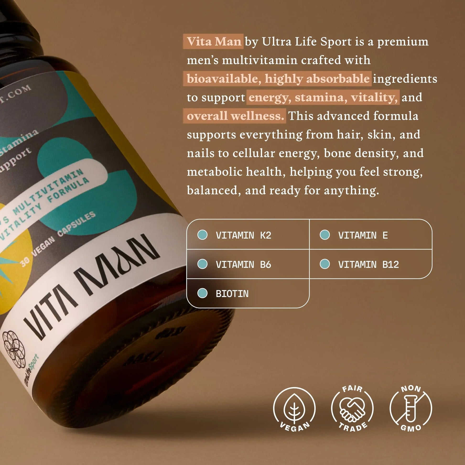 Ultra Life Sport - VITA Man Premium Men's Multivitamin - 30 Capsule Daily Vitamins for Men with Vitamin E, K2 MK-7, and B Vitamins for Maximum Absorption Ultra Life Sport uk supplements