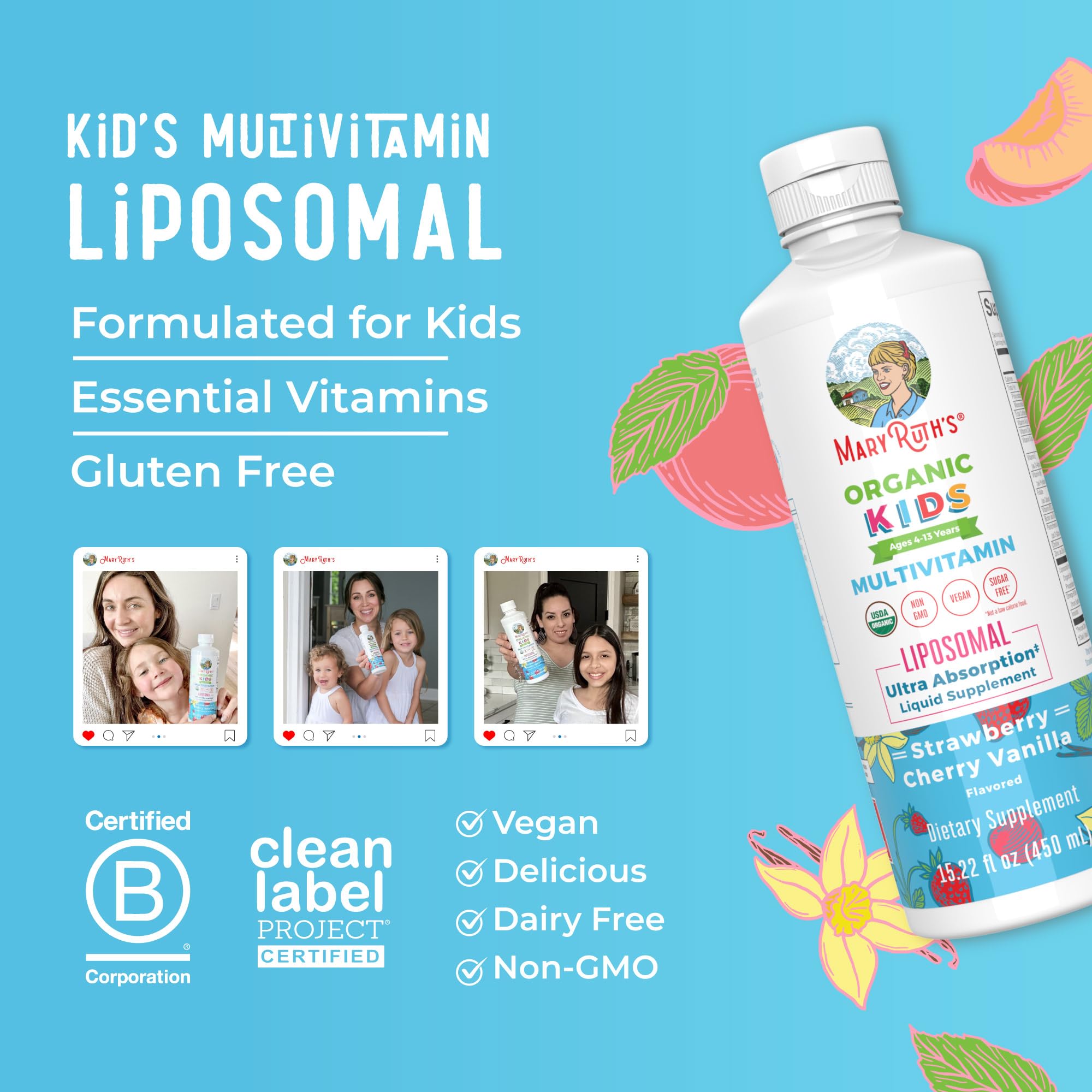 MaryRuth Organics Kids Multivitamin Liposomal | Vegan, Sugar-Free Vitamins for Kids | Ages 4+ | 2 Month Supply | 15.22 Fl Oz MARYRUTH'S uk supplements