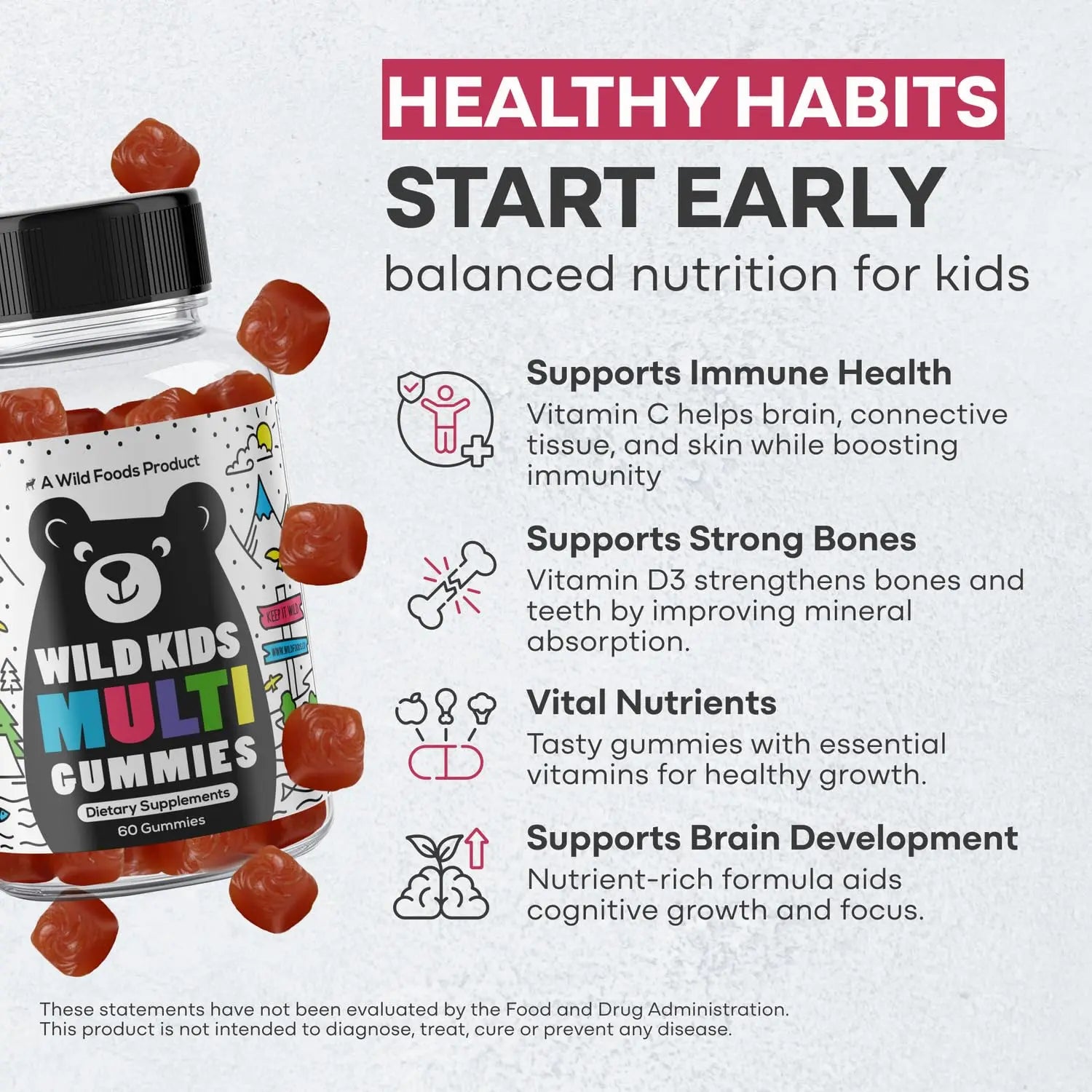 Wild Foods Kids Multivitamin Gummies – Natural Skin, Immune & Bones Support with Kids Vitamins A, C, D, E, B12, Iron & DHA Wild Foods uk supplements
