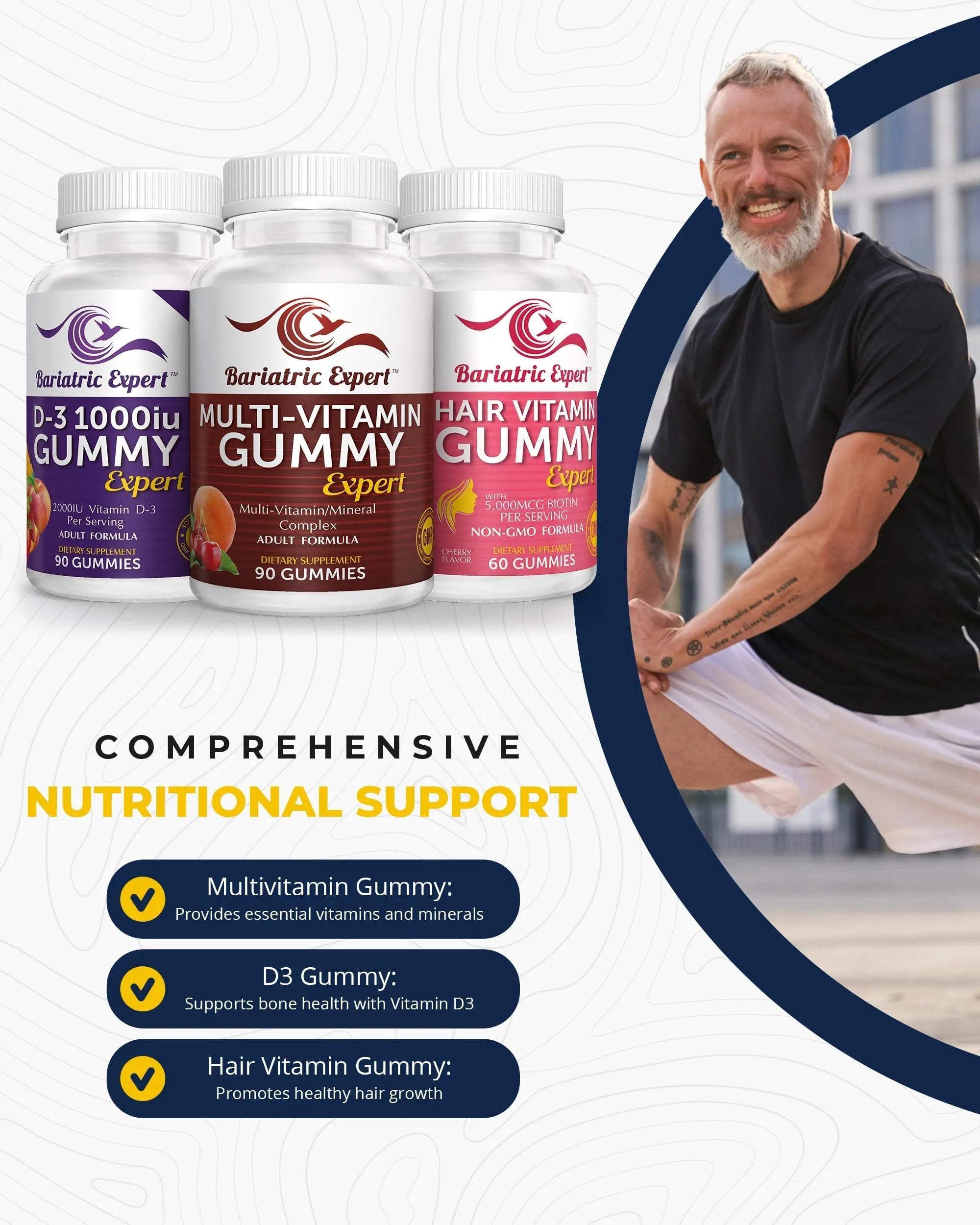 Bariatric Multivitamin 3 Pack, Multivitamin Gummy 90 Chews. - D3 Gummies 90 Chew - Hair Vitamin Gummy 60 Chews. Bariatric Food Expert uk supplements