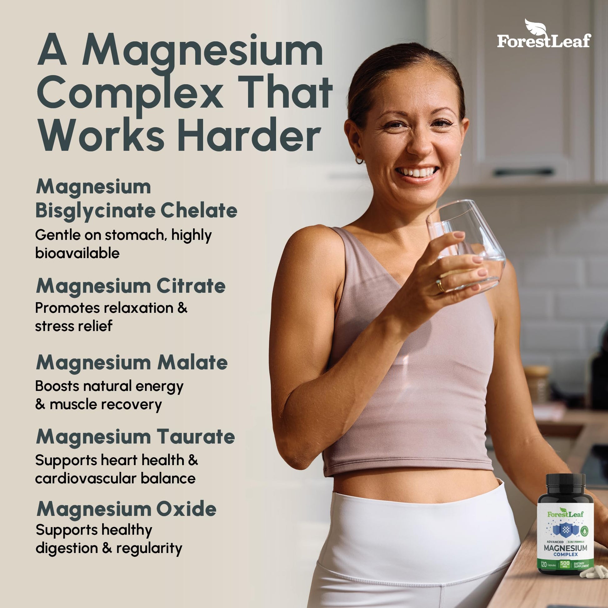 ForestLeaf Magnesium Complex for Women and Men - 500mg Magnesium Supplement for Sleep - 5-in-1 Chelated Magnesium Citrate, Bisglycinate, Malate, Taurate, Oxide (120 Ct) ForestLeaf uk supplements
