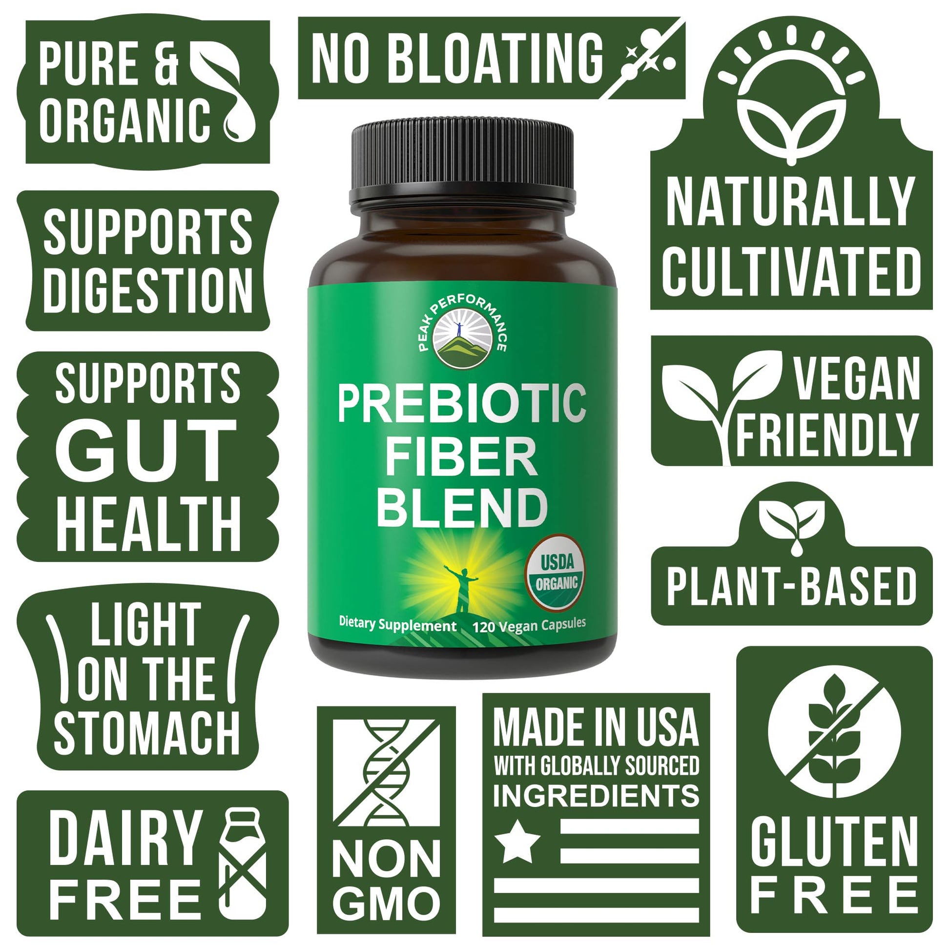 USDA Organic 3-in-1 Prebiotic Fiber - Vegan Capsules for Gut, Digestive Health. Raw Whole Food Plant Based Prebiotics Pills Supplement with Inulin (Jerusalem Artichoke), Acacia Fibers, SunFiber Peak Performance uk supplements