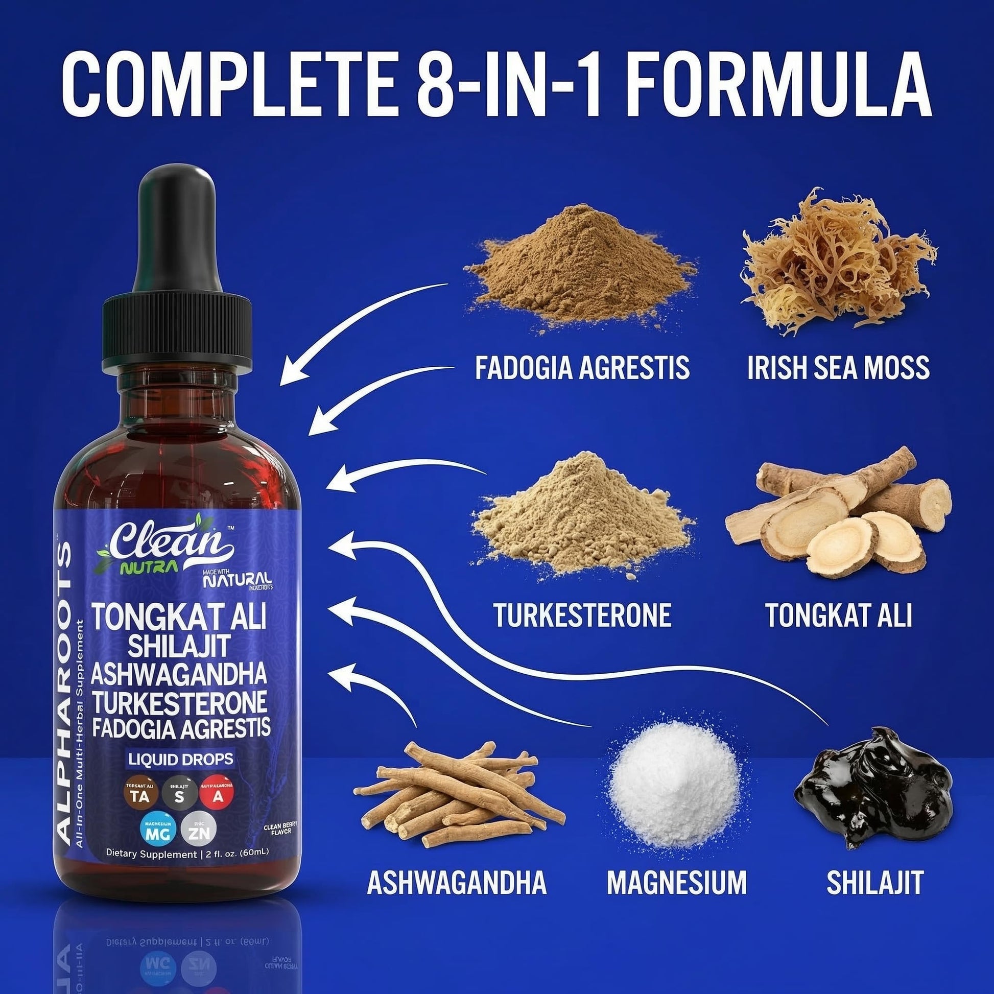 Tongkat Ali Liquid Drops Shilajit, Ashwagandha, Turkesterone, Fadogia Agrestis, Magnesium, Irish Sea Moss, and Zinc Herbal Supplement by Clean Nutra Clean Nutraceuticals uk supplements
