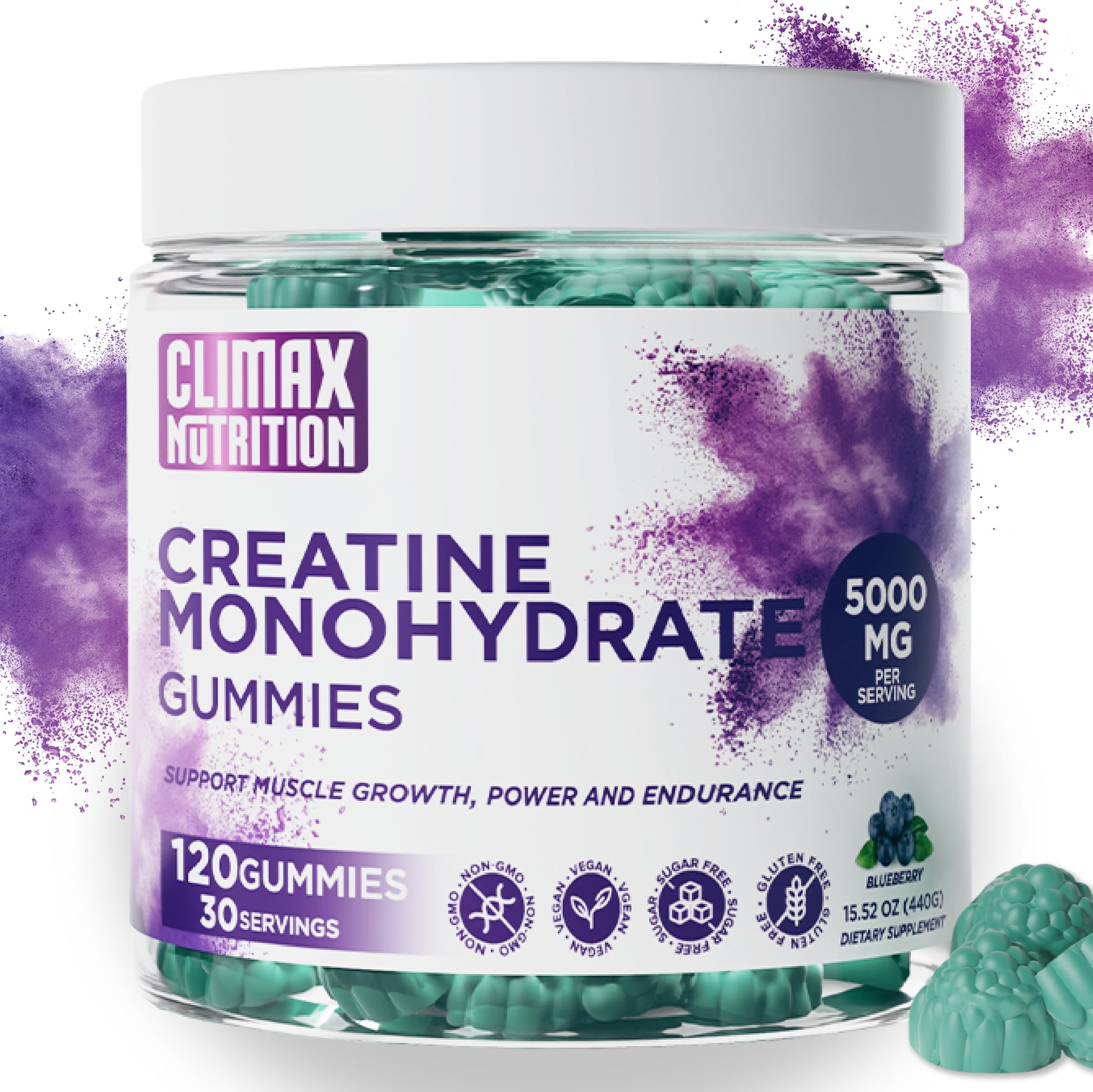 Creatine Monohydrate Gummies - Vegan, Sugar-Free, Gluten-Free - Boosts Muscle Recovery, Strength & Lean Muscle Growth - Brain Health Support - for Men & Women - Blueberry Flavor - 120 Gummies CLIMAX NUTRITION uk supplements