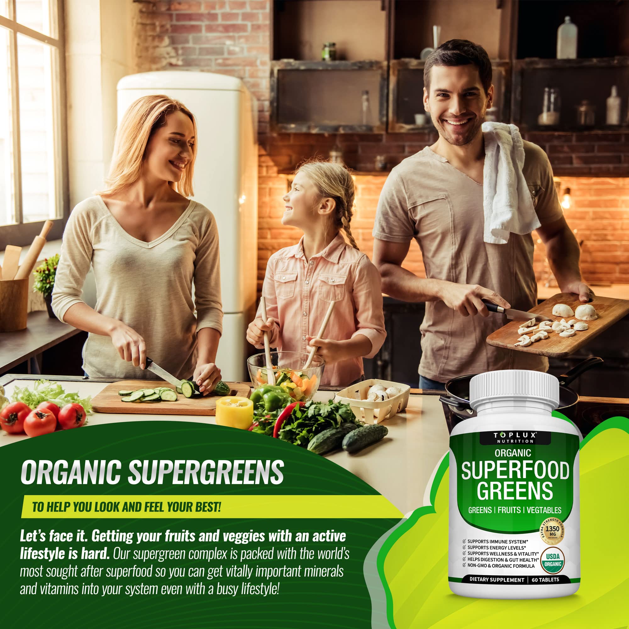 Organic Super Greens Capsules Superfood Fruit Veggie Supplement - 28 Powerful Natural Toplux uk supplements