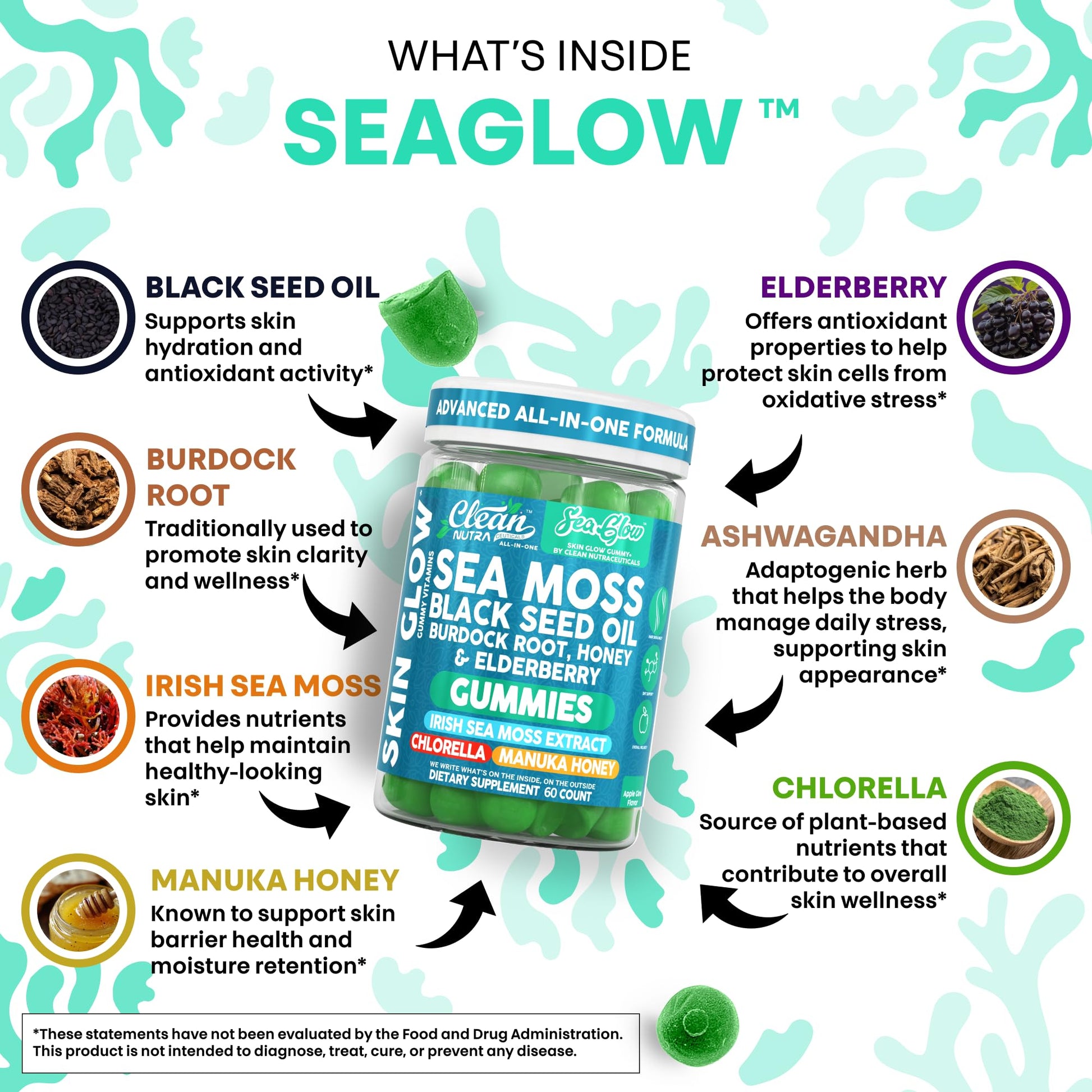 Clean Nutra Sea Moss Gummies Black Seed Oil Chlorella Ashwagandha Root Hair Growth Skin Glow Irish Sea Moss Elderberry Burdock Manuka Honey Trace Minerals Detox 60 Gummy Vitamins Sea Glow Supplement Clean Nutraceuticals uk supplements