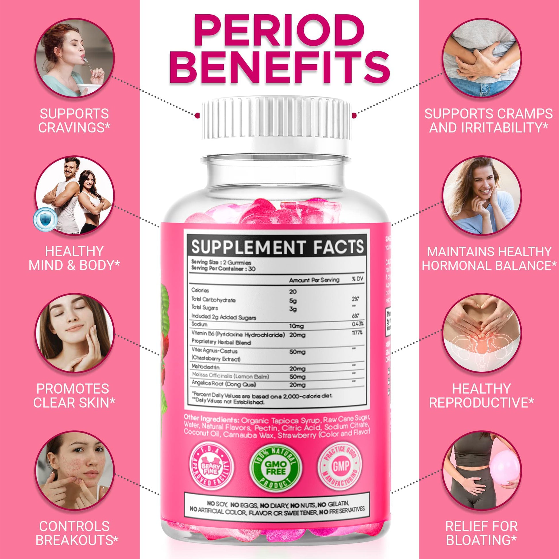 Beary Fine PMS Gummies - PMS Vitamins for Women & Teens - PMS Period Relief - Cramping, Bloating, Mood Swings - Made in The USA (Strawberry, 60 Count) Beary Fine uk supplements