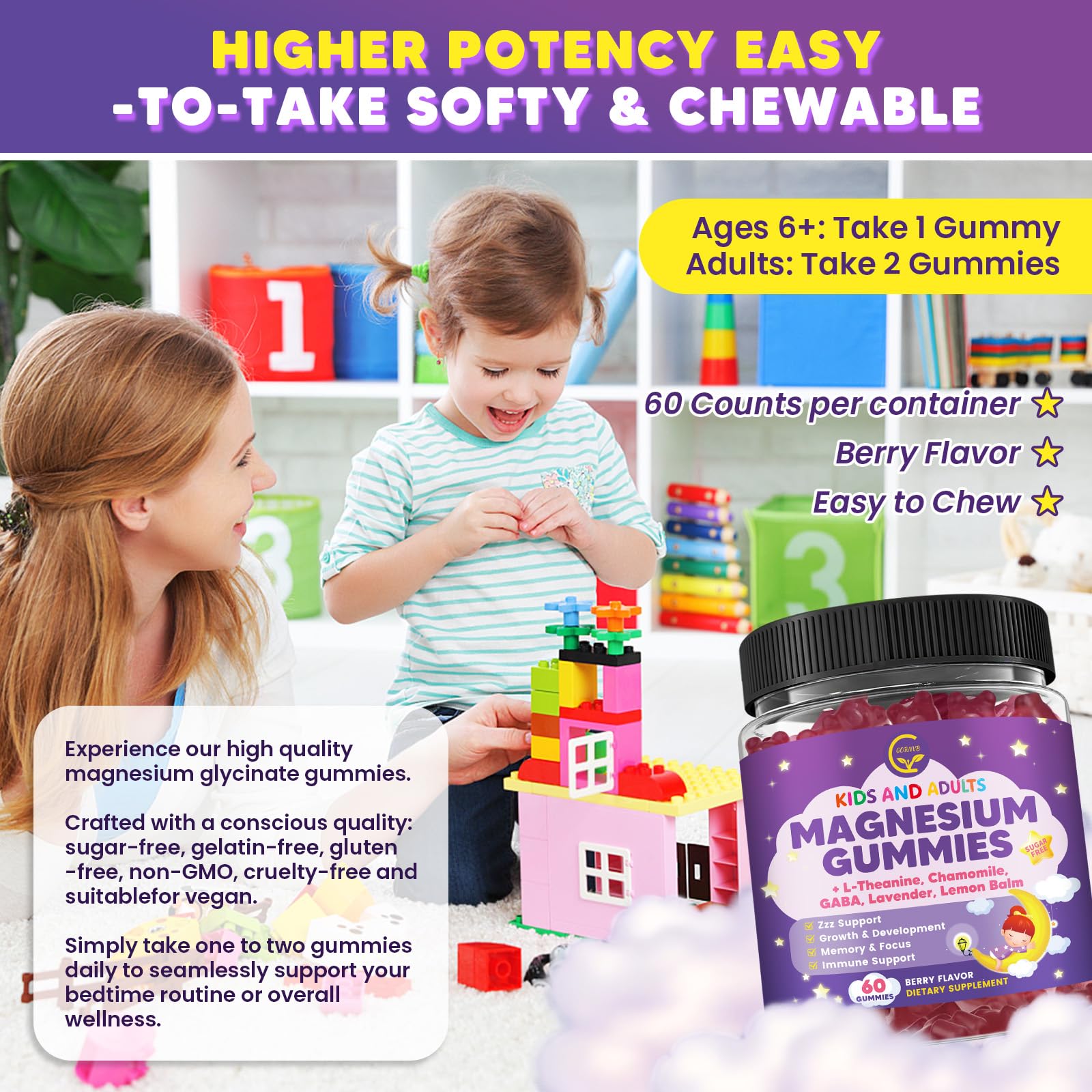 Magnesium Glycinate Gummies 400/200mg for Kids & Adults, NO Melatonin Sleep Aid Magnesium Supplement Gummies with Chamomile, Lavender, L-Theanine & GABA, B6, D3 & K2 for Bone, Relax, Immune Support GORNVB uk supplements