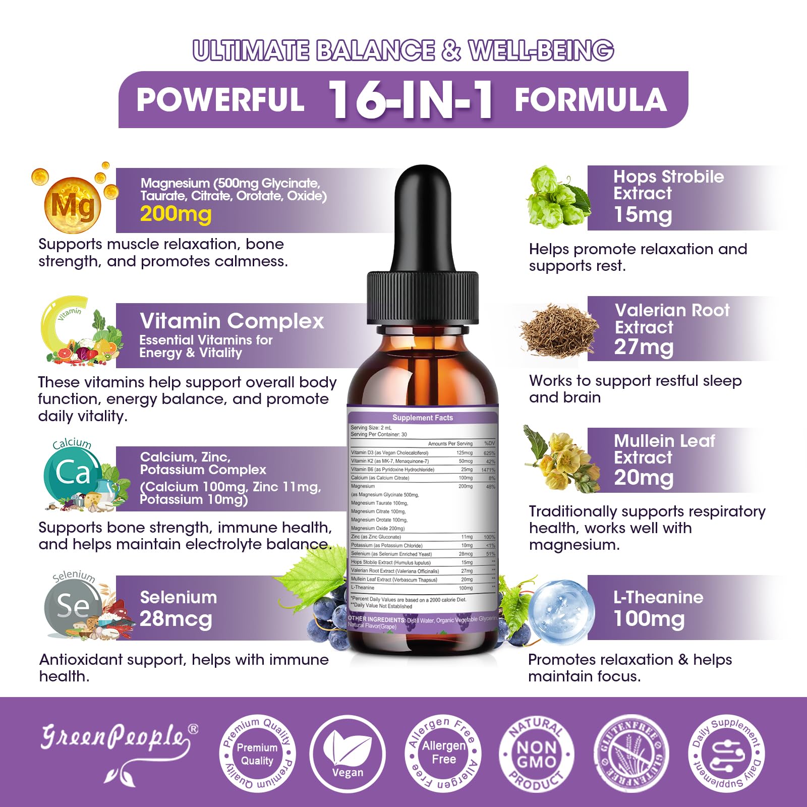 GREENPEOPLE Magnesium Glycinate Liquid Drops - 1000mg 5-in-1 High Absorption Liquid Magnesium for Sleep with D3/K2/B6 | Fast-Acting, Bone, Muscle & Sleep | Sugar-Free Grape Flavor, 2fl Oz GREENPEOPLE uk supplements
