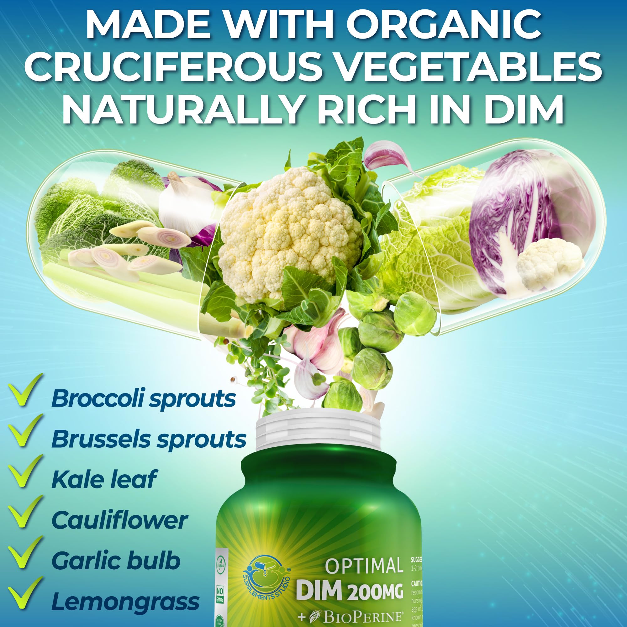 Optimal DIM 200mg Supplement for Women and Men - Made with Organic Whole Foods - Estrogen & Hormone Balance Support Diindolylmethane Complex - Maximum Absorption Delayed-Release Capsules - 60 Count SUPPLEMENTS STUDIO uk supplements