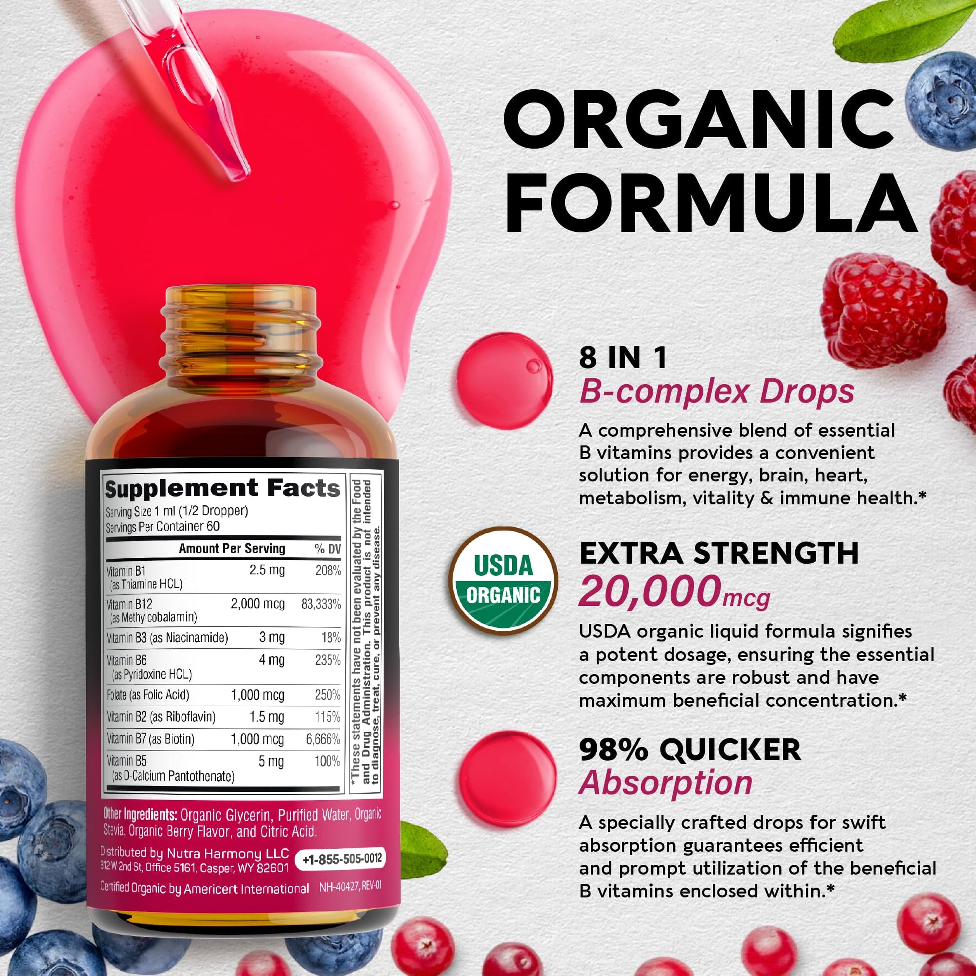 USDA Organic Vitamin B Complex Liquid Drops - 8-in-1 B Complex Vitamins: B1, B2, B3, B5 NUTRAHARMONY uk supplements