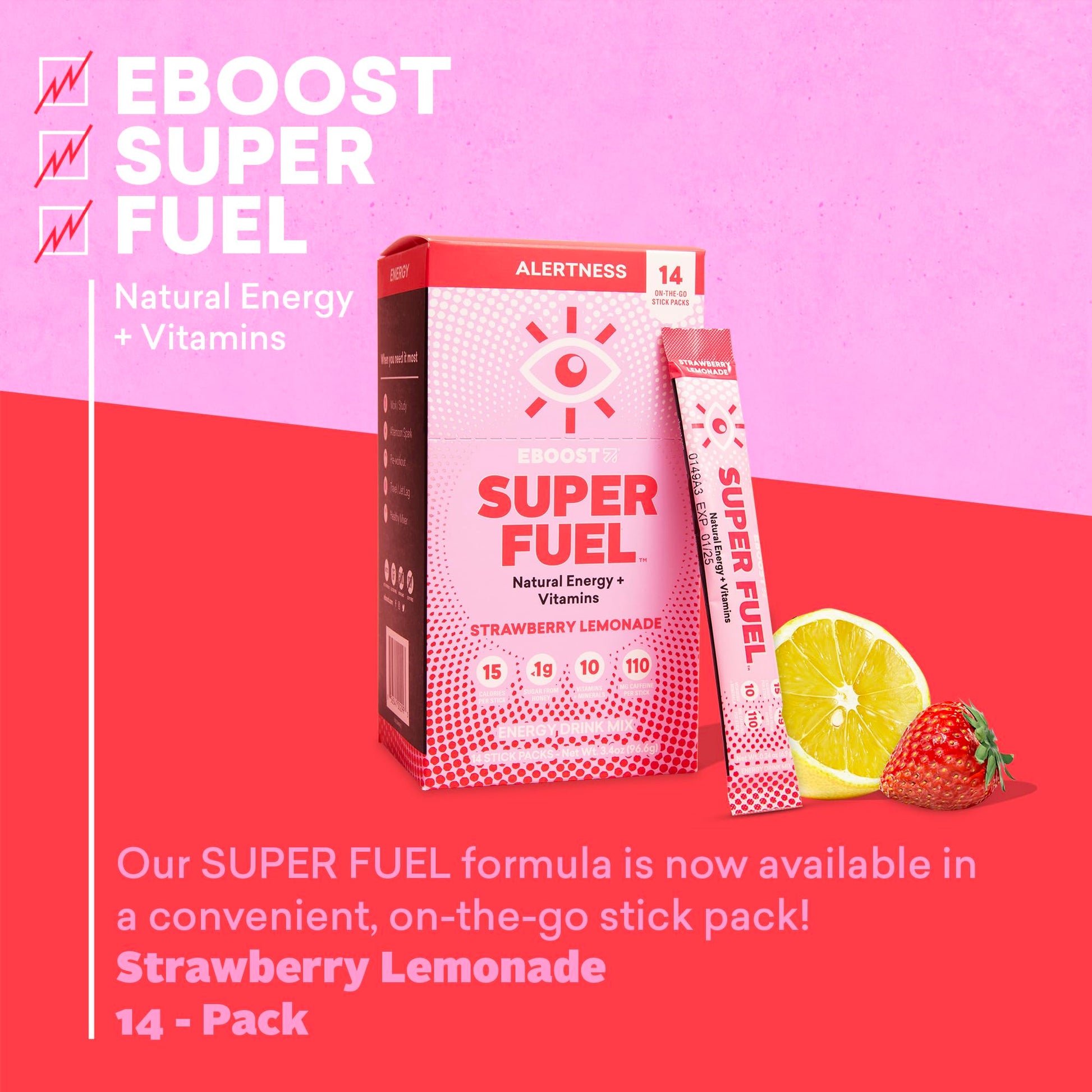 EBOOST Energy Drink Powder, Super Fuel - Strawberry Lemonade, 14 Packets - Pre-Workout EBOOST uk supplements