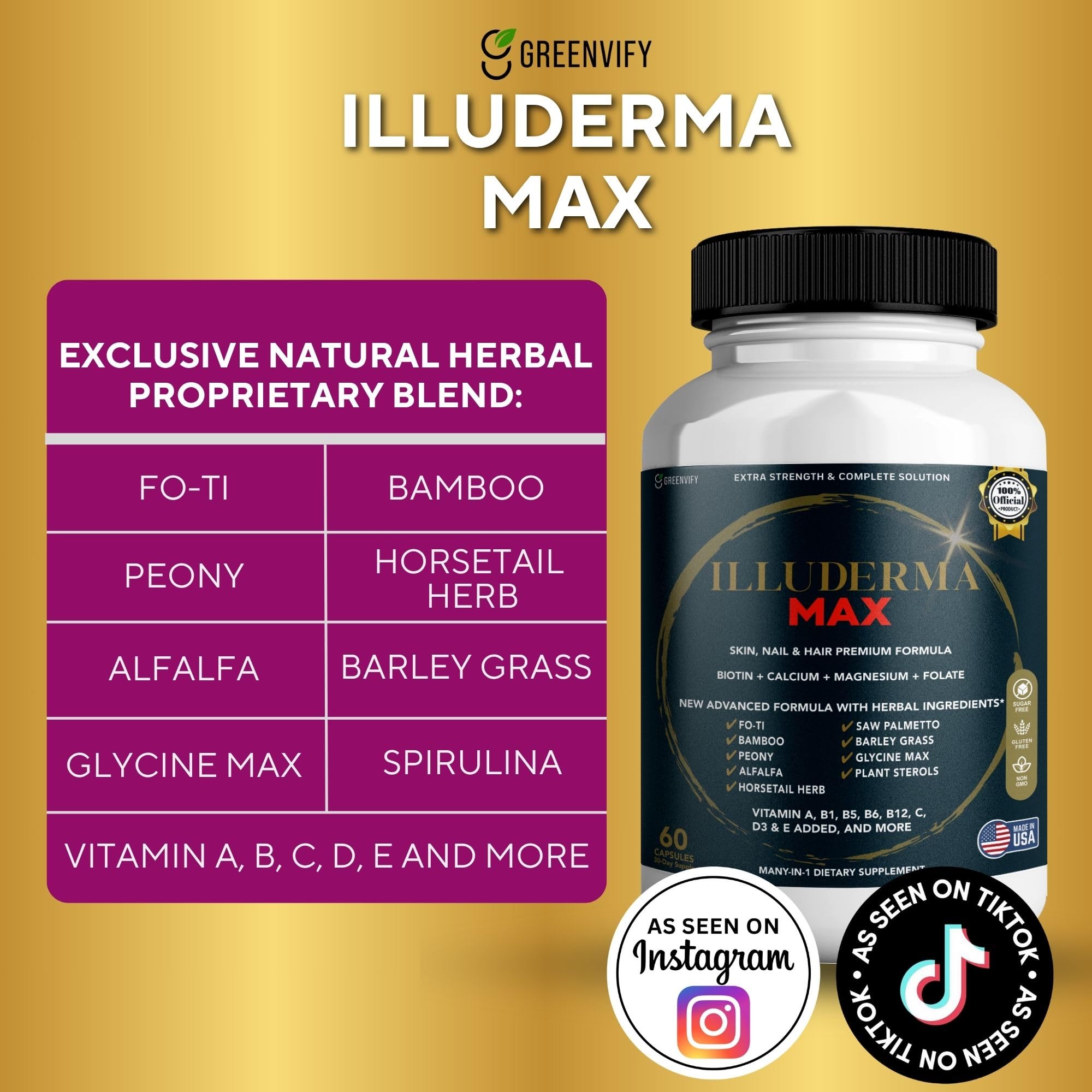 GREENVIFY Illuderma Max Hair, Skin and Nail Supplement, 60 Capsules, with Biotin 5000mcg, Vitamins and Herbal Blend (1) GREENVIFY uk supplements