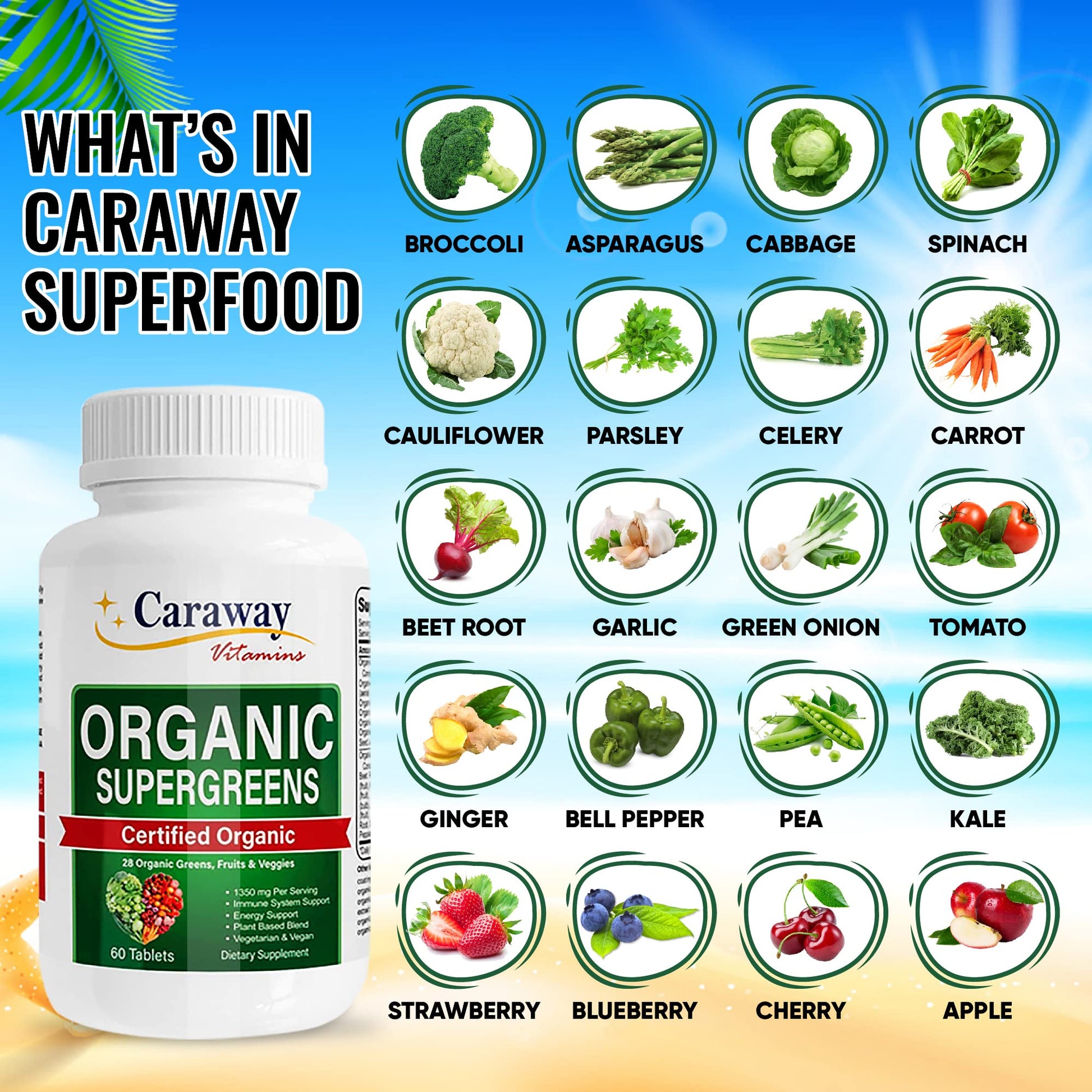 Organic Superfoods Vitamins Super Greens Complex by Caraway Vitamins 1,350 mg per Serving 28 Fruits Vegetables Greens 60 Count Tablets Non-GMO Natural for Men & Women Caraway Vitamins uk supplements
