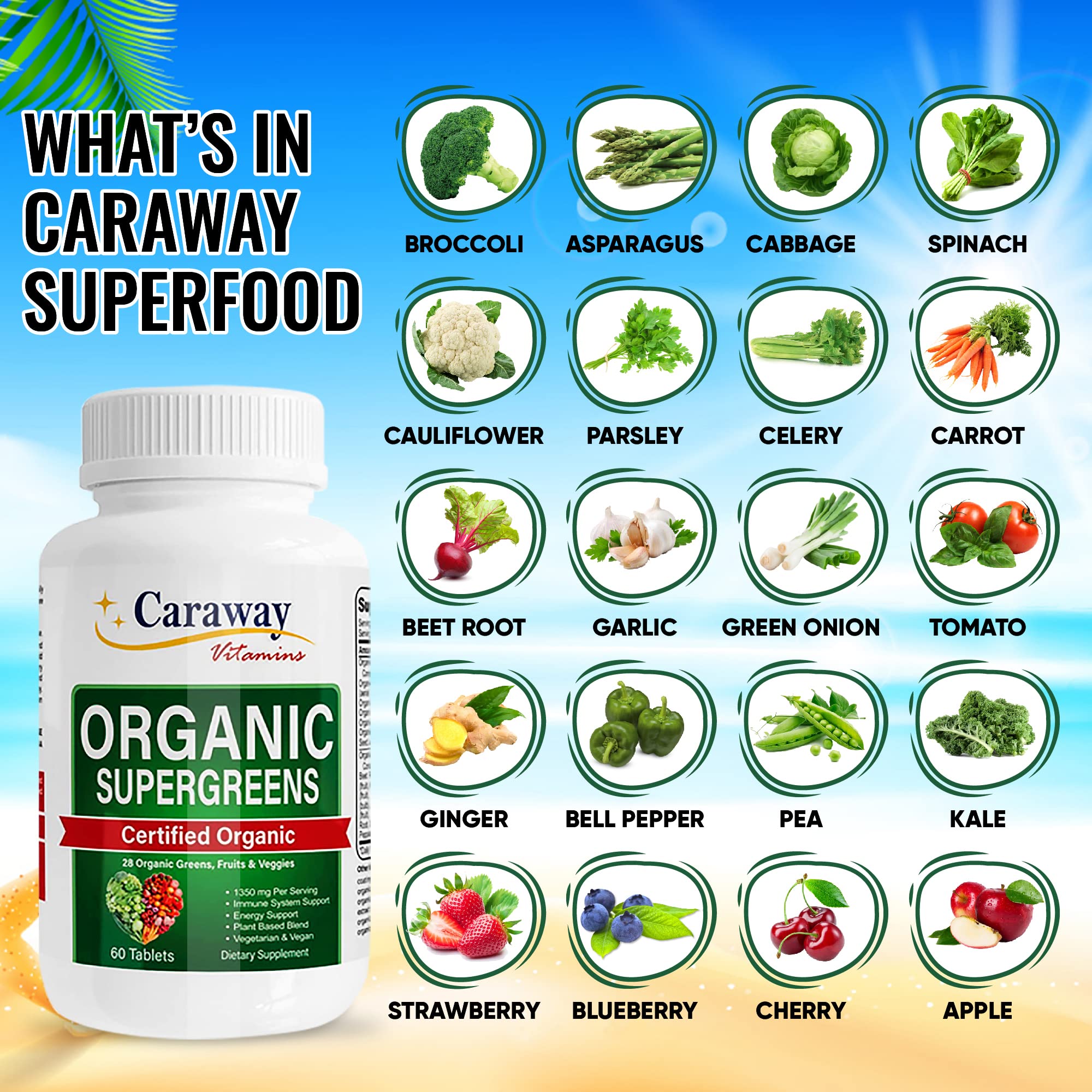 Organic Superfoods Vitamins Super Greens Complex by Caraway Vitamins 1,350 mg per Serving 28 Fruits Vegetables Greens 60 Count Tablets Non-GMO Natural for Men & Women Caraway Vitamins uk supplements