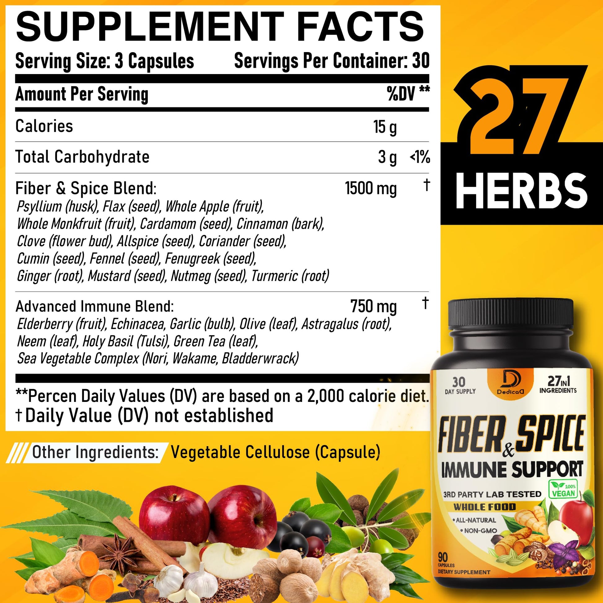 DEDICAD 27in1 Fiber and Spice Supplement - Combined with Organic Psyllium, Whole Apple, Elderberry & More - Support Mood, Body & Immunity - 90 Capsules for 1 Month DEDICAD uk supplements