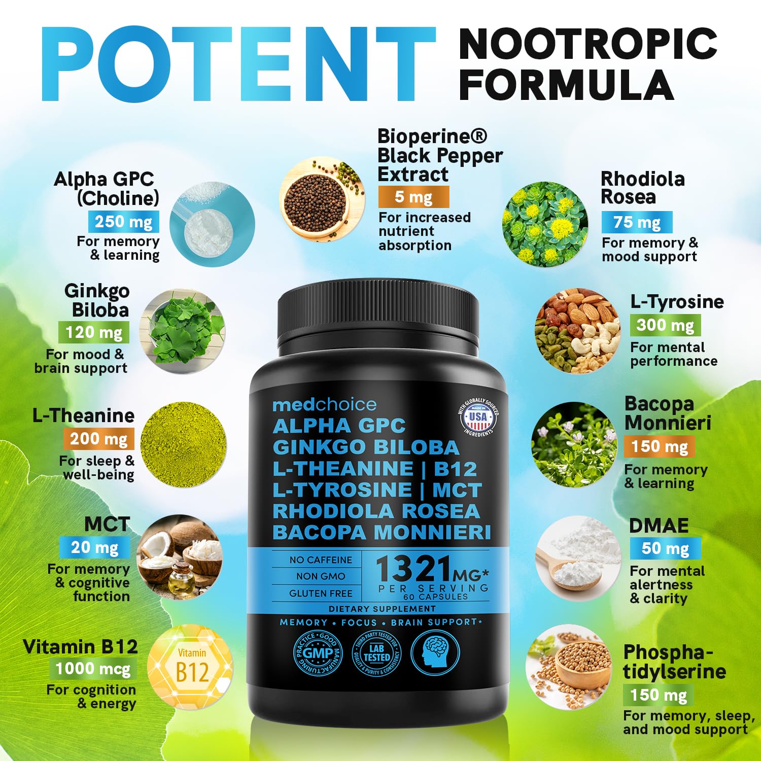 12-in-1 Nootropic Brain Supplement Anhydrous: Ginkgo Biloba for Brain Support, Memory and Focus - B12, Alpha GPC, L Theanine and Choline Supplements with Bioperine Non Caffeinated 1321mg (60ct) MEDCHOICE uk supplements