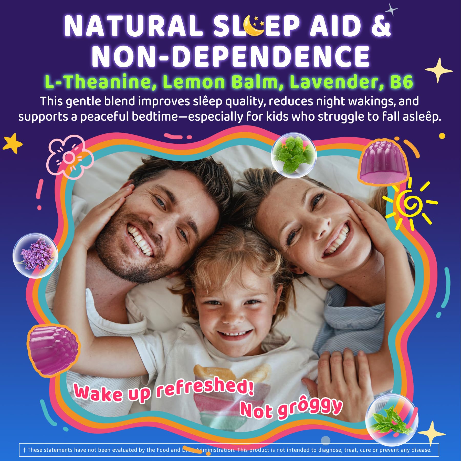 Kids Sleep Gummies, NO Melatonin Sleep Aid Gummies w/ Magnesium Glycinate, Magnesium Malate, L-Theanine, Lavender, B6, Zinc, D3K2 for Restful Sleep, Relax Brain & Muscle, Immune Support, Non-GMO 1Pack ELLAMENTZ uk supplements