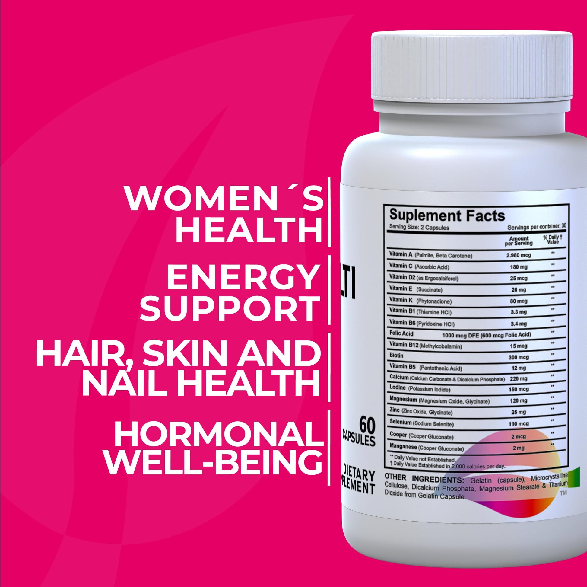 Women’s Multivitamin 18+ Vitamins & Minerals | Biotin, Folic Acid, Zinc, Calcium, Magnesium & Vitamin D | Hair, Skin & Nails Support, Energy Hallusa Natural uk supplements