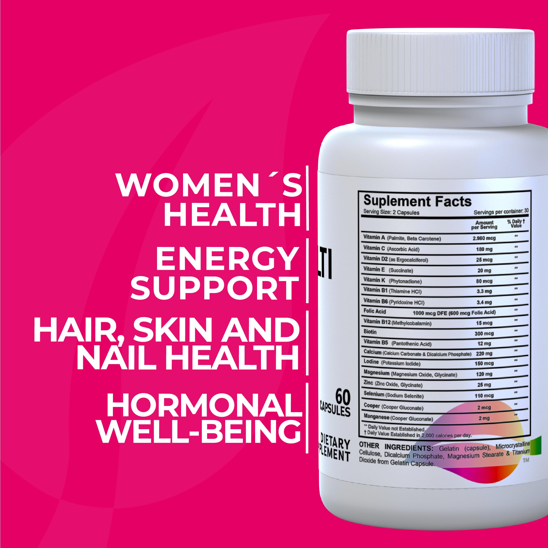 Women’s Multivitamin 18+ Vitamins & Minerals | Biotin, Folic Acid, Zinc, Calcium, Magnesium & Vitamin D | Hair, Skin & Nails Support, Energy Hallusa Natural uk supplements
