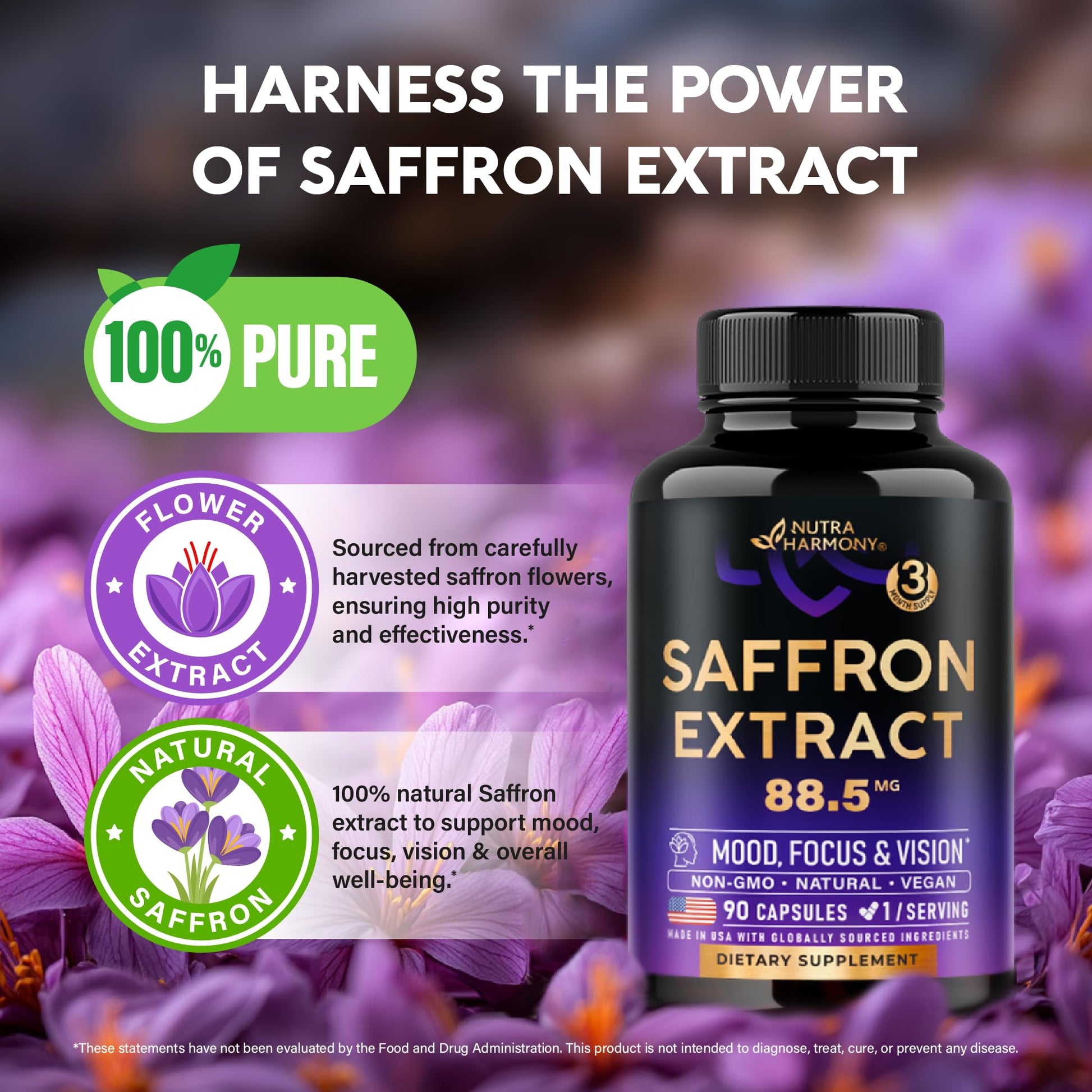 Natural Saffron Supplements - Pure Saffron Extract 88.5 mg - Made in USA - Mood | Focus | Vision | Energy Support - Eye Health for Women & Men - NonGMO Vegan Pills - 90 Powder Capsules, 3 Month Supply NUTRAHARMONY uk supplements